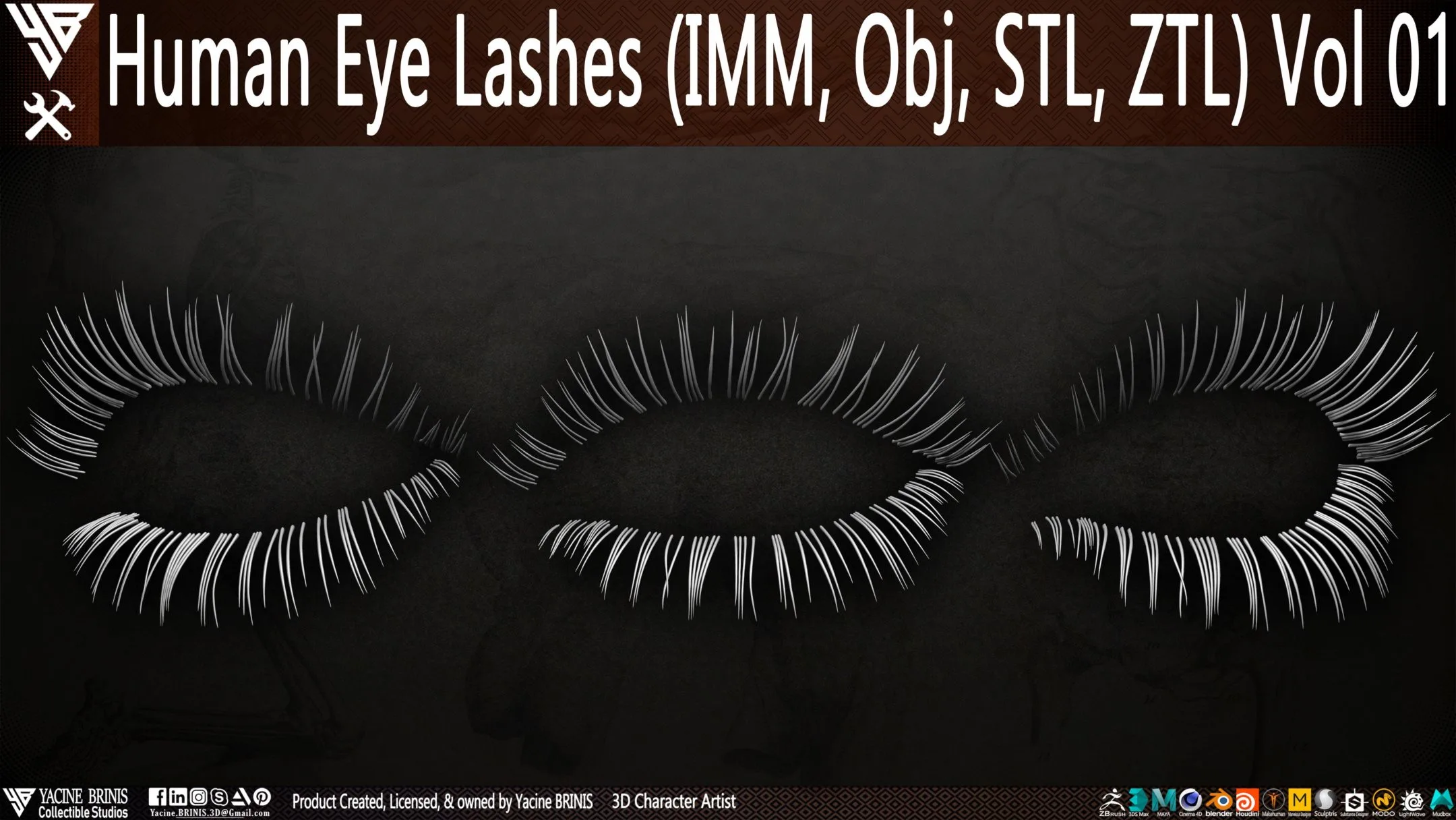 Human Eye Lashes (IMM, Obj, STL, ZTL) Vol 01