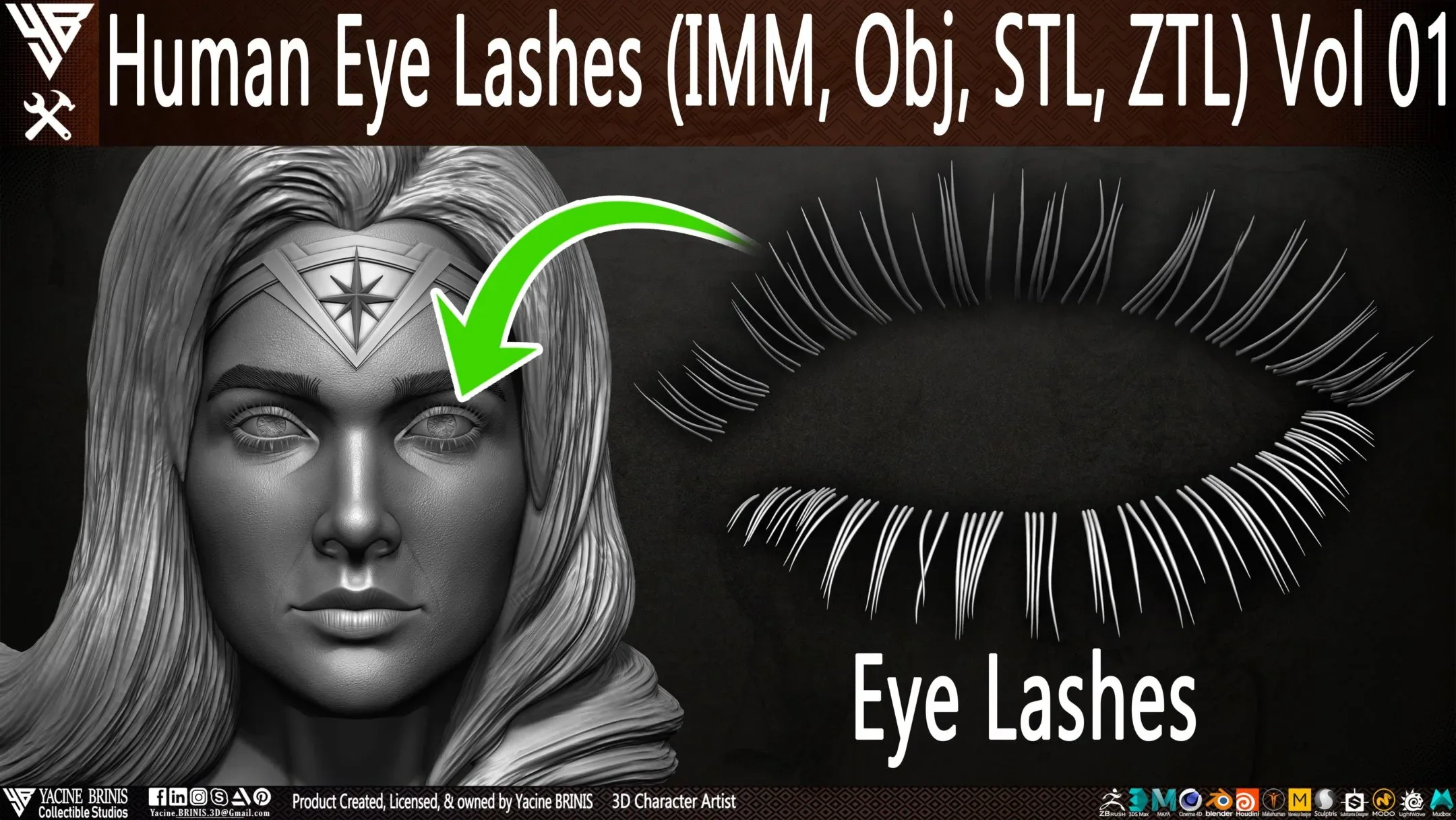 Human Eye Lashes (IMM, Obj, STL, ZTL) Vol 01