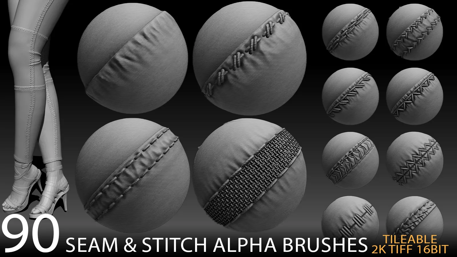 90 Seam & Stitch Alpha Brush Bundle vol.4 (ALL Tileable 2K tiff 16bit)