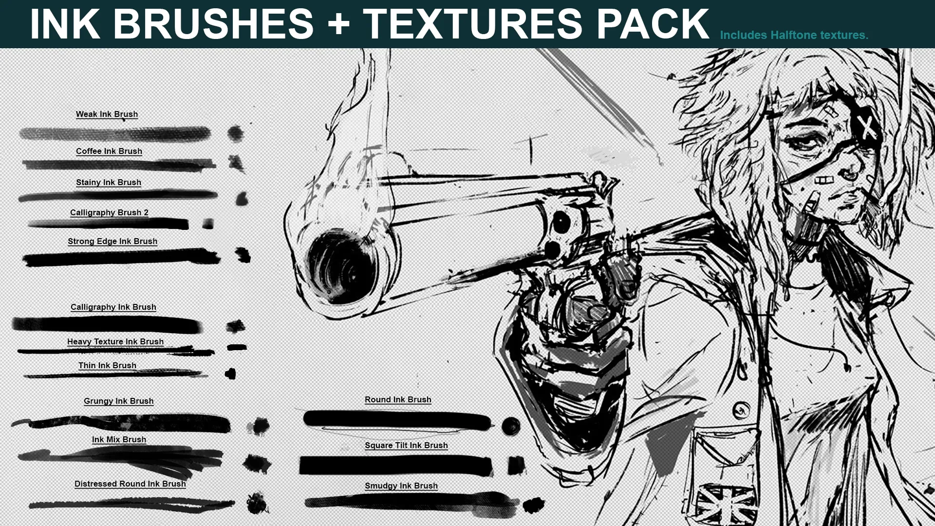 Ink Brushes for Photoshop + Halftone Textures Pack