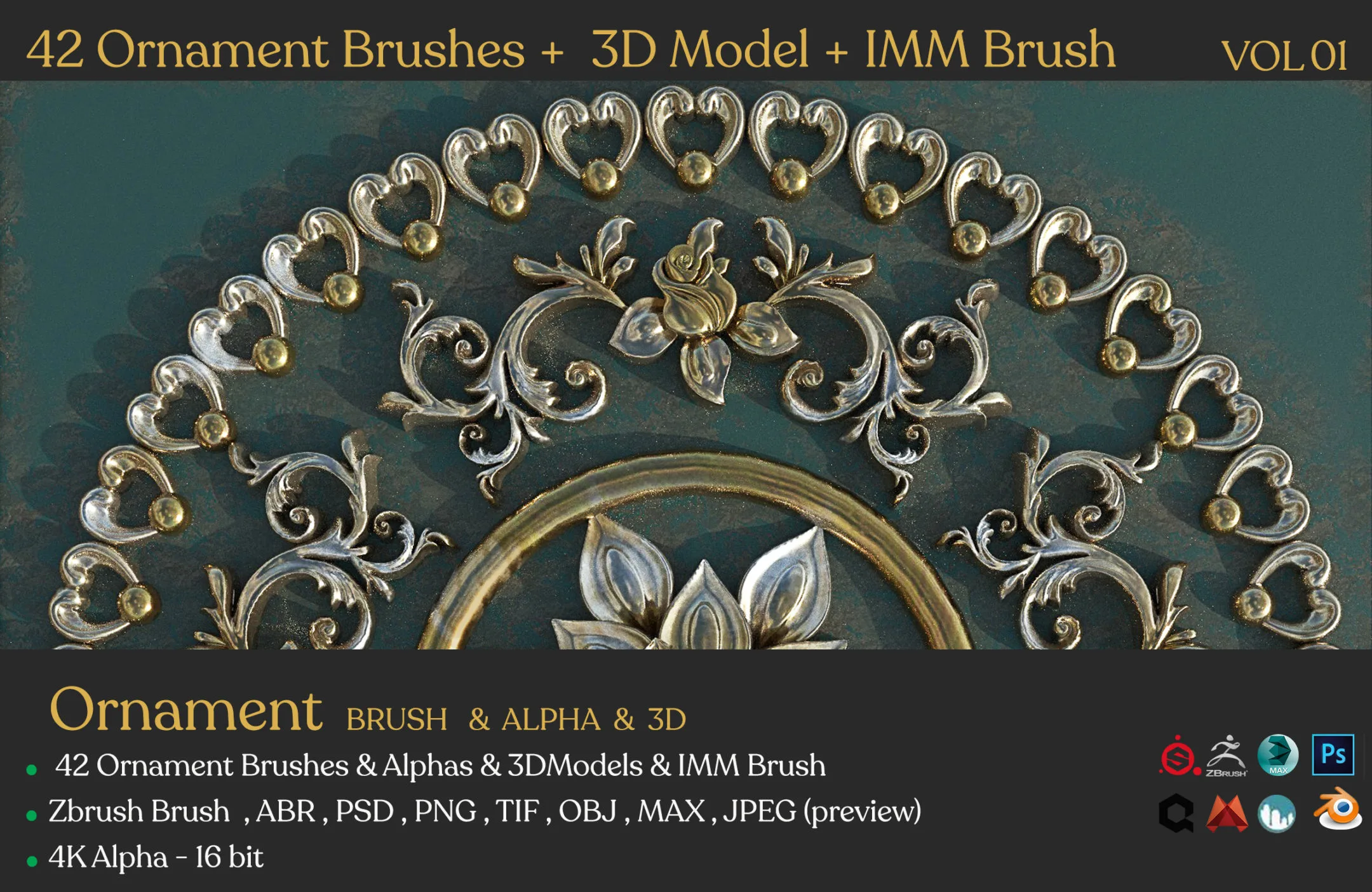 42 Ornament Brushes + 3D Model + IMM Brush Vol 01