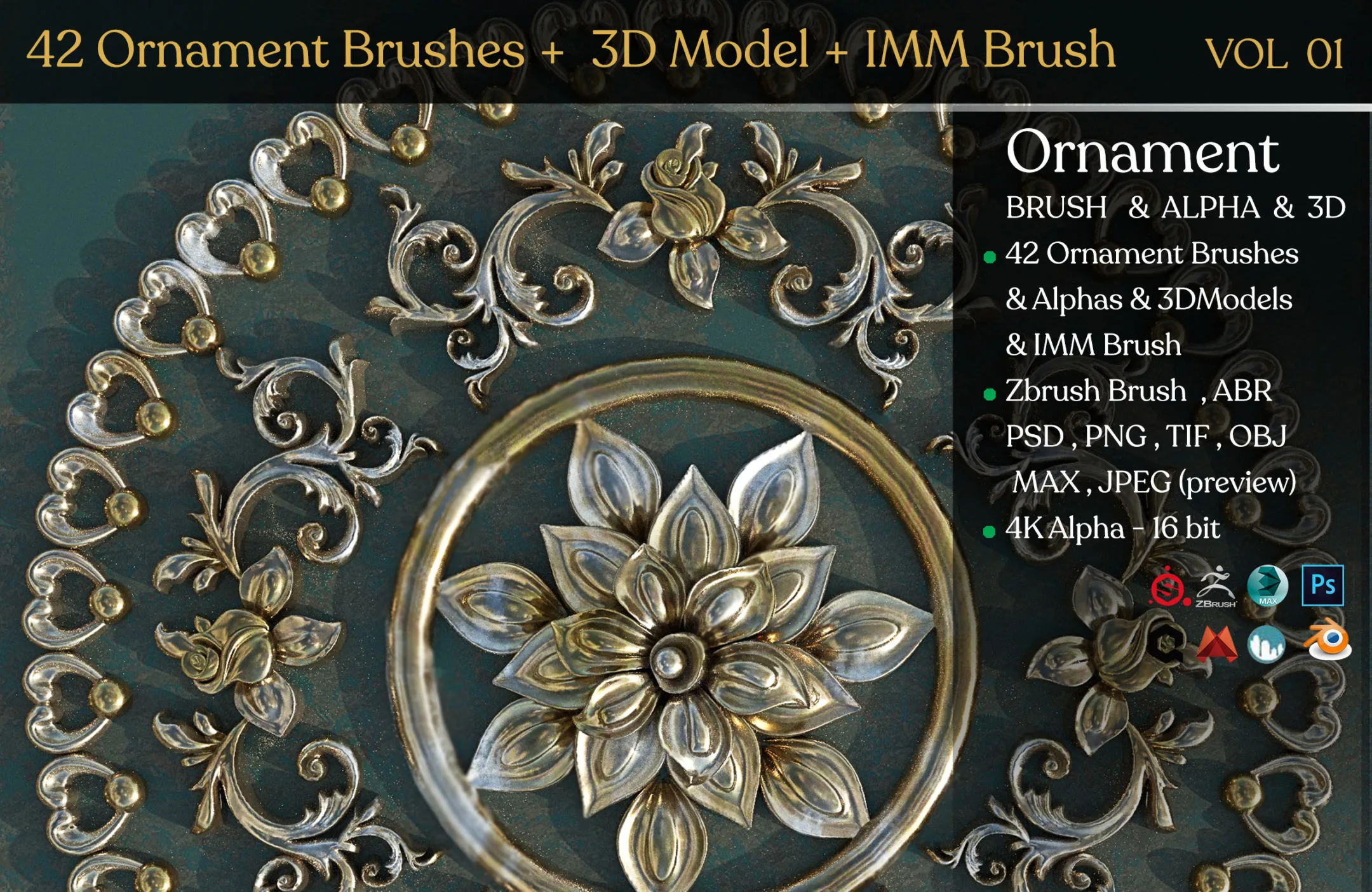 42 Ornament Brushes + 3D Model + IMM Brush Vol 01