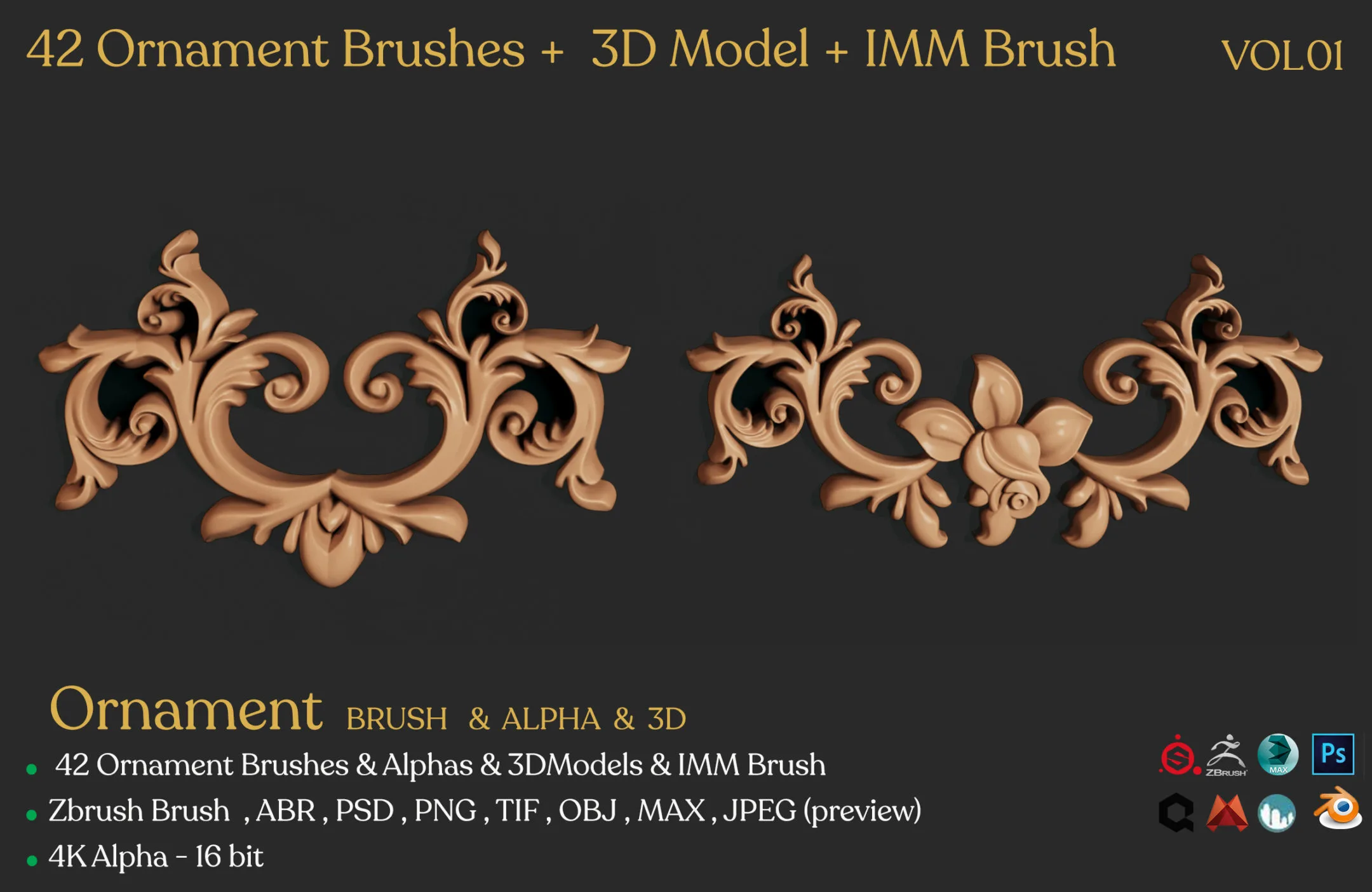 42 Ornament Brushes + 3D Model + IMM Brush Vol 01