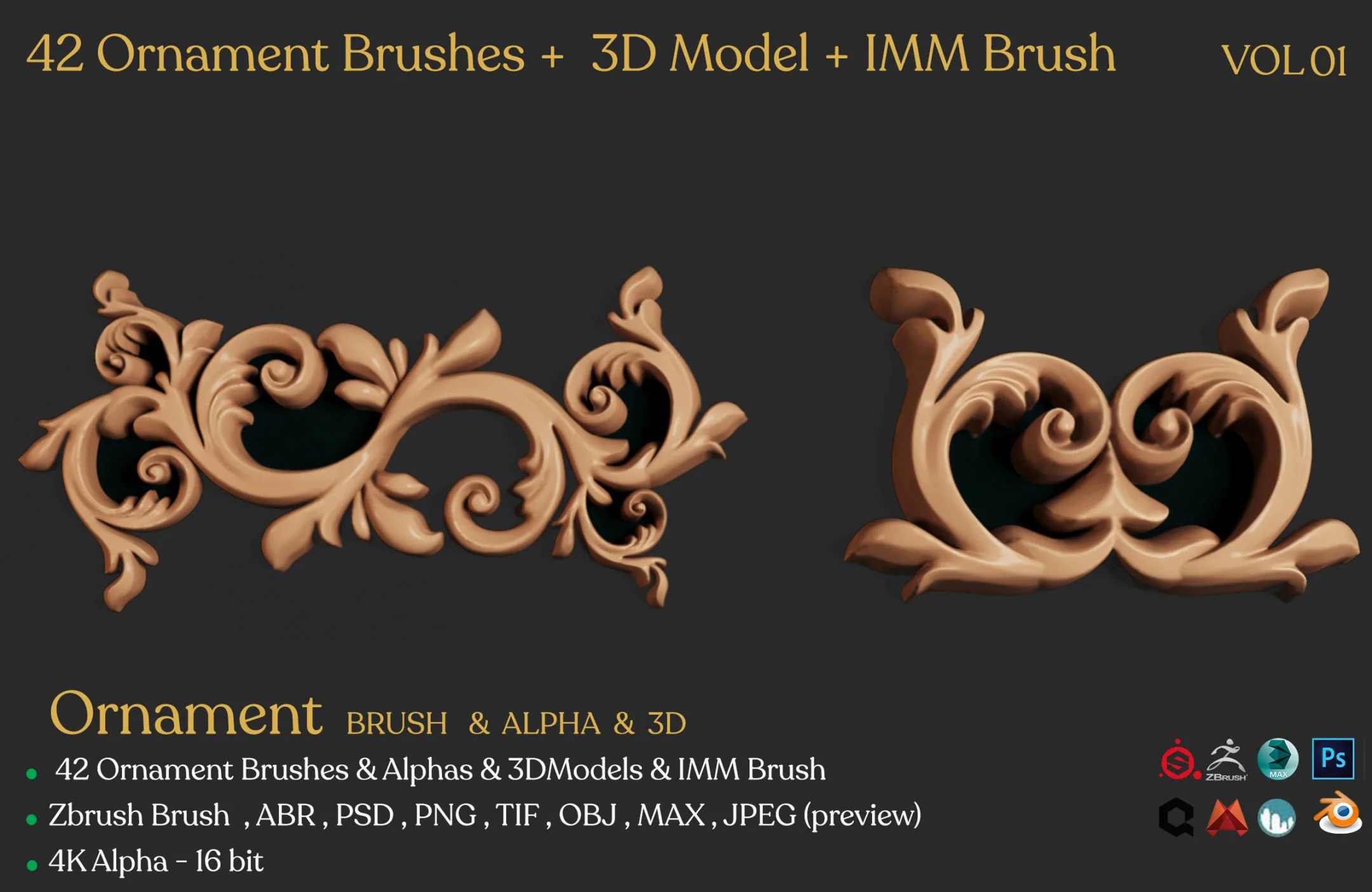 42 Ornament Brushes + 3D Model + IMM Brush Vol 01