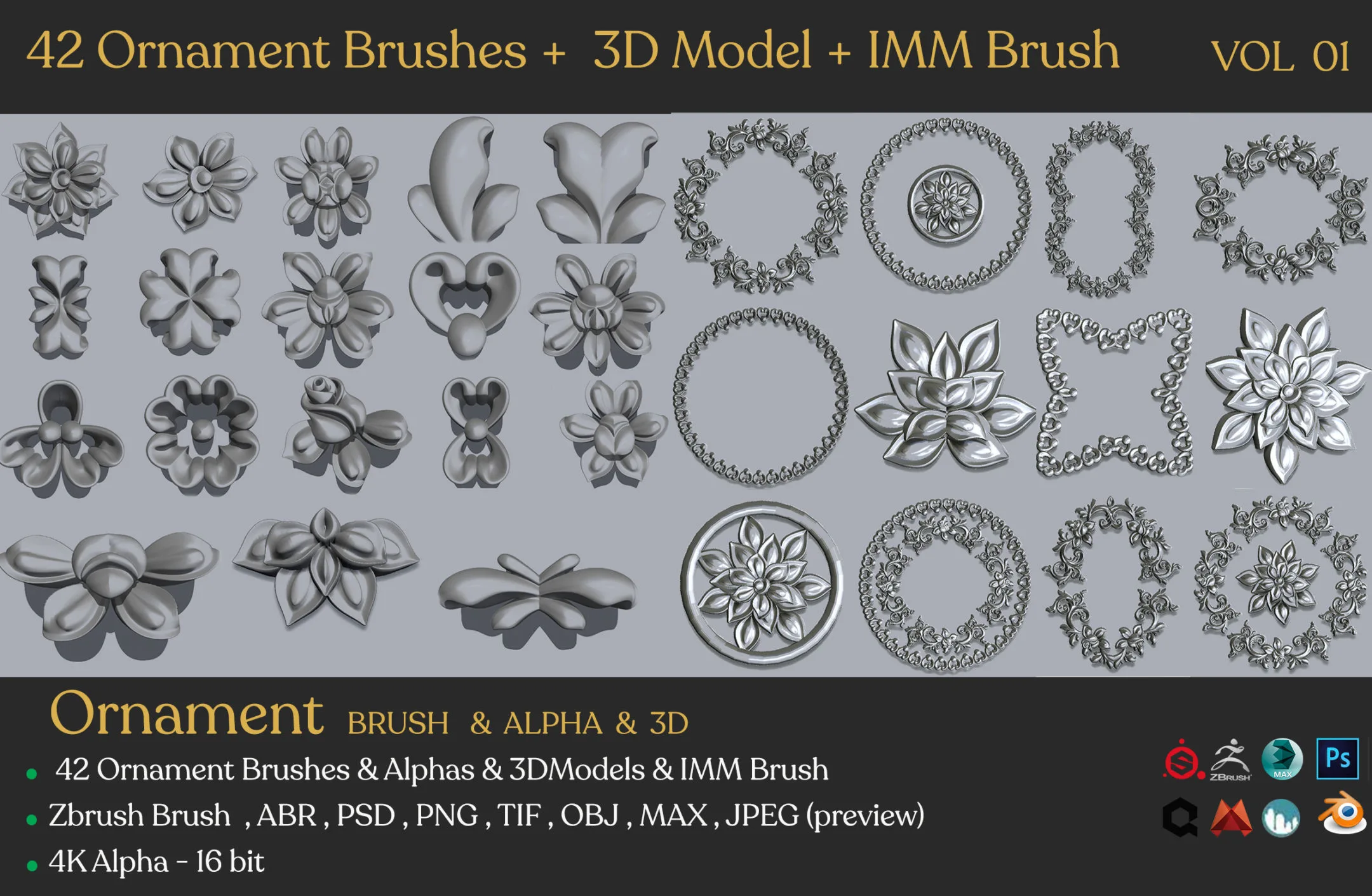 42 Ornament Brushes + 3D Model + IMM Brush Vol 01