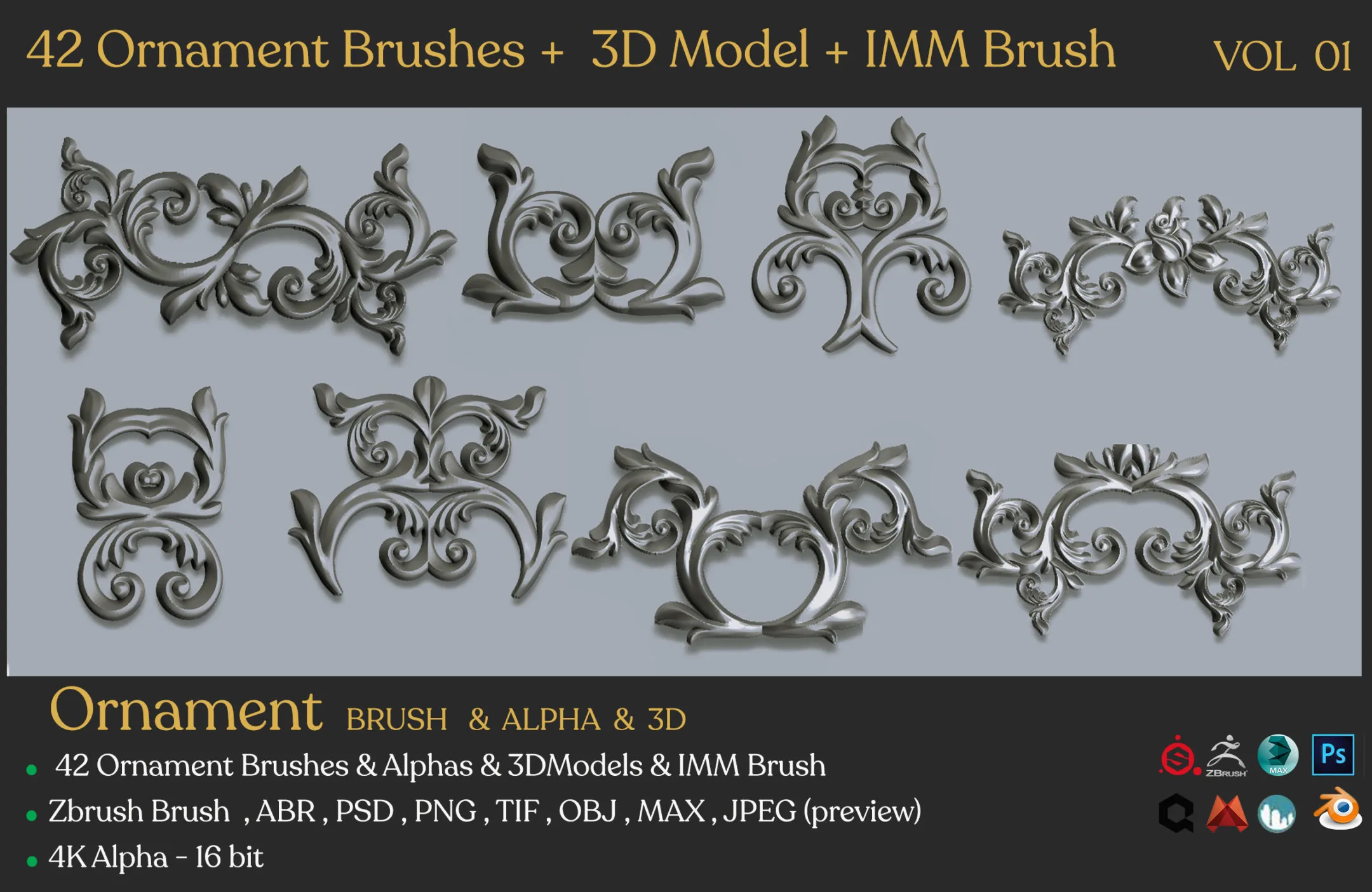 42 Ornament Brushes + 3D Model + IMM Brush Vol 01