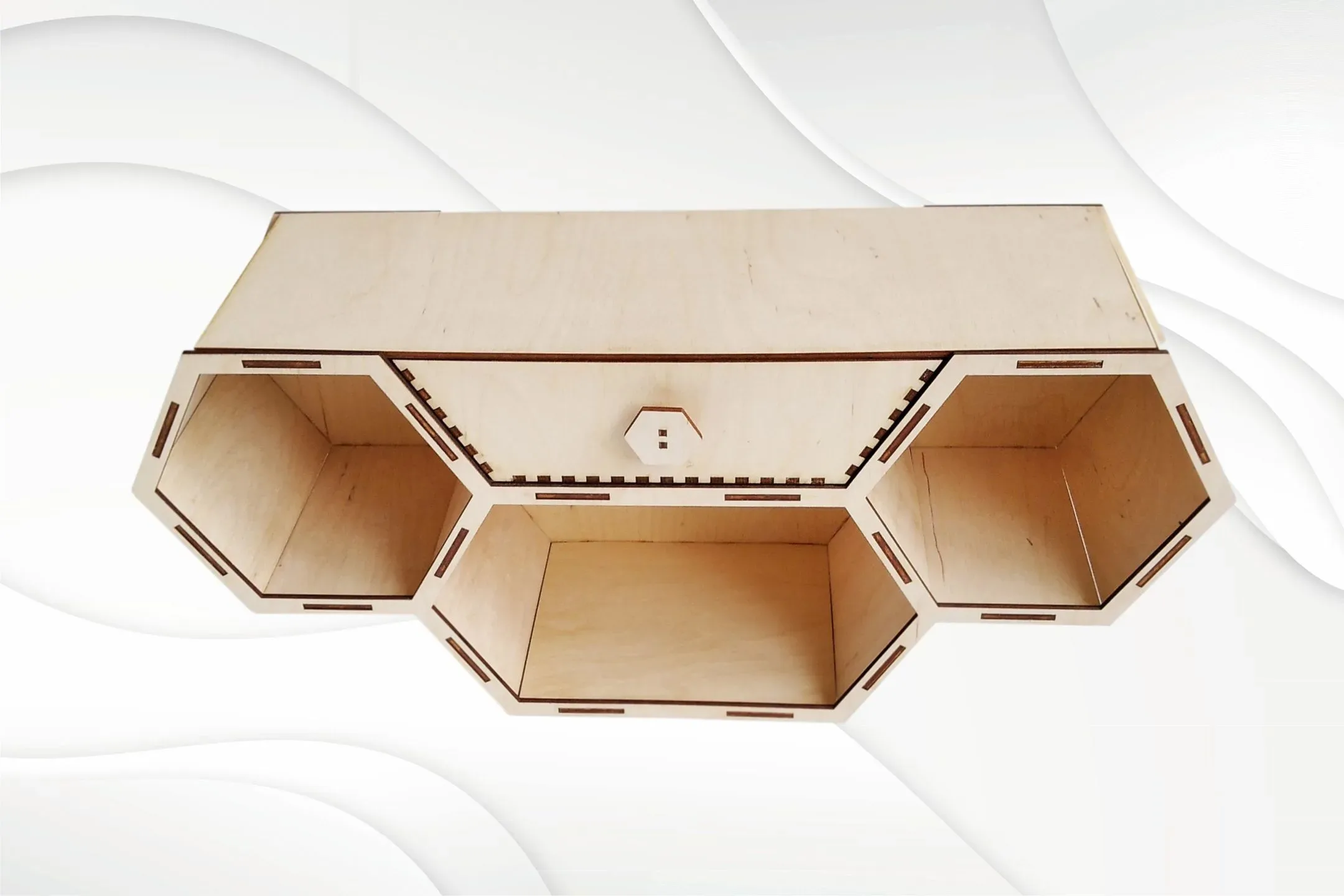 Hexagonal shelf with drawer digital model for laser cutting. Svg dxf files, vector template laser cut. Laser pattern, engraving file.