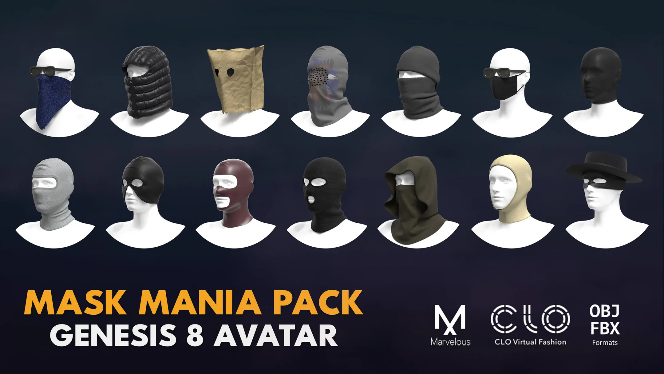 Mask mania pack. Marvelous / Clo 3D / Gen. 8 / zprj obj fbx