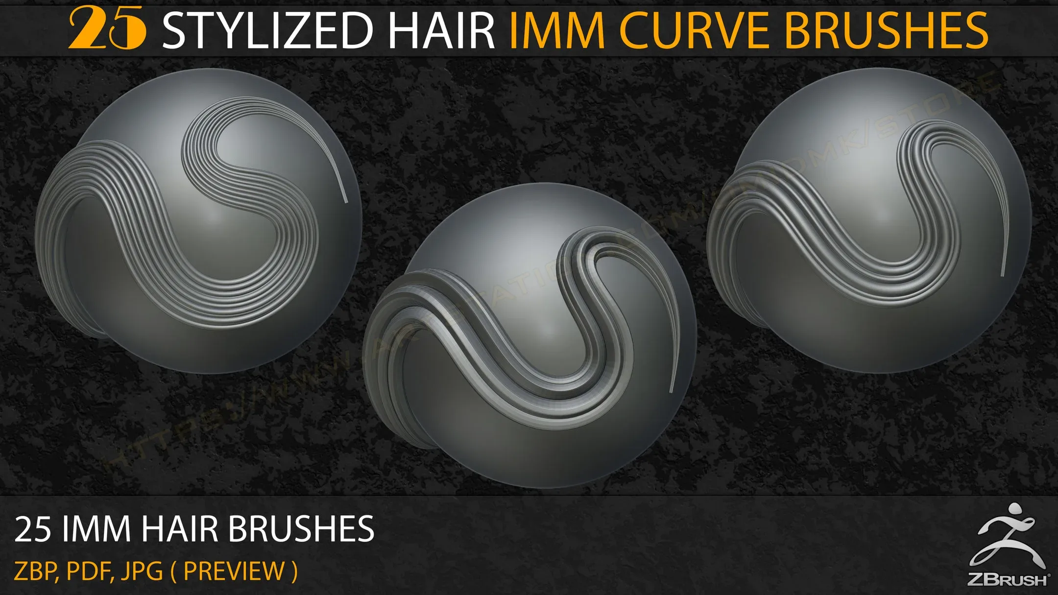 25 Stylized Hair IMM Curve Brushes ( V-01)