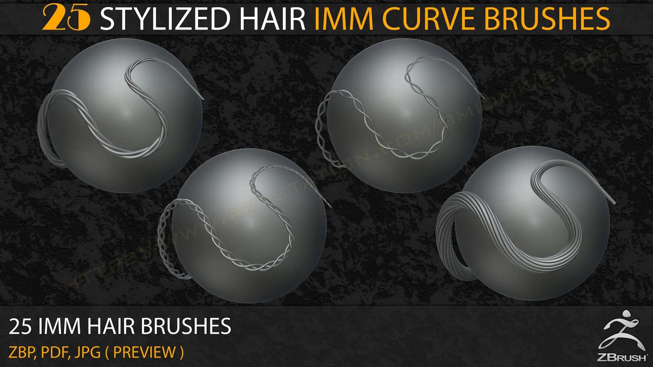 25 Stylized Hair IMM Curve Brushes ( V-01)