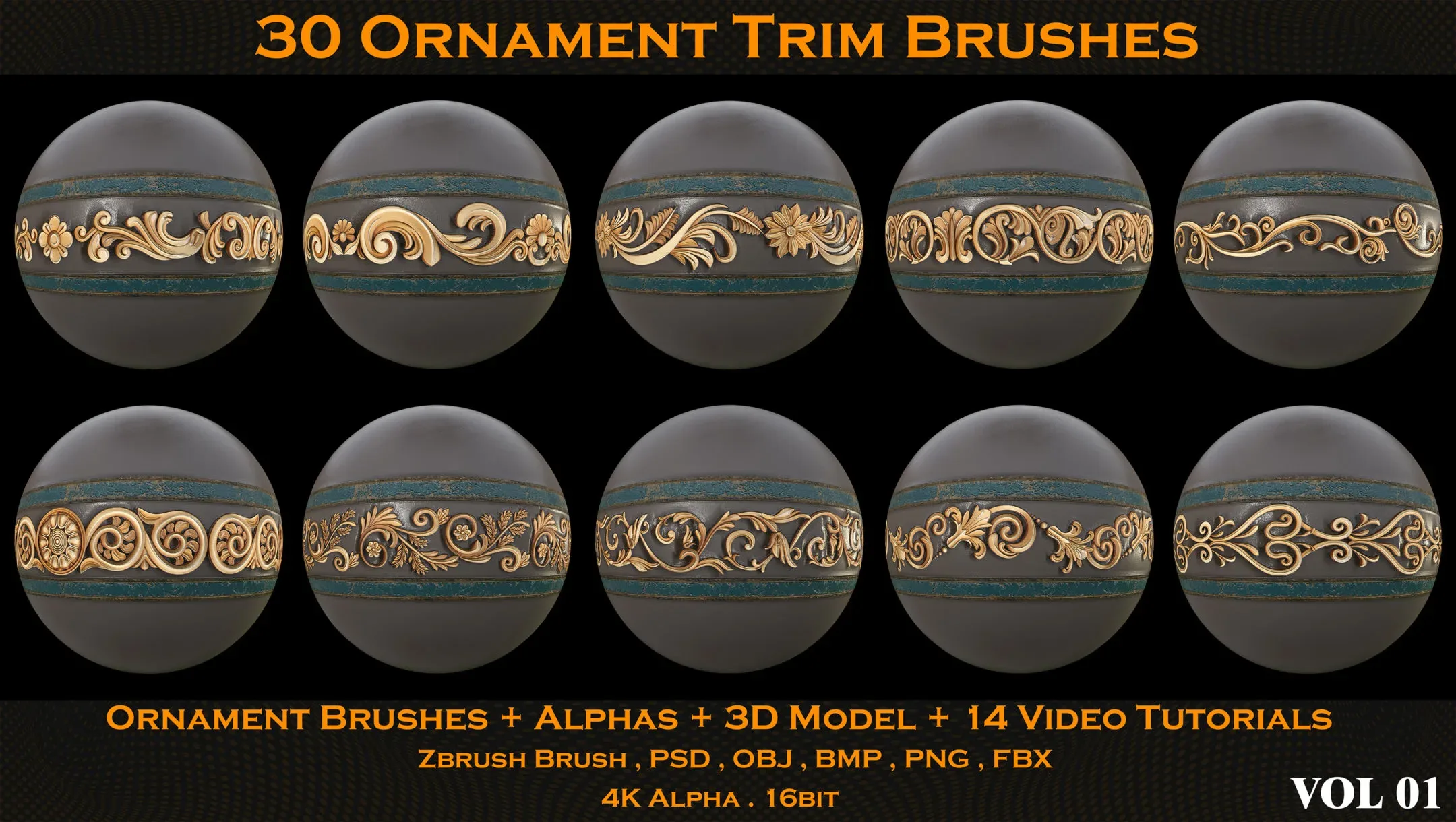 30 Ornament Trim Brushes + Alphas + 3D Model + 14 Video Tutorials (VOL 01)