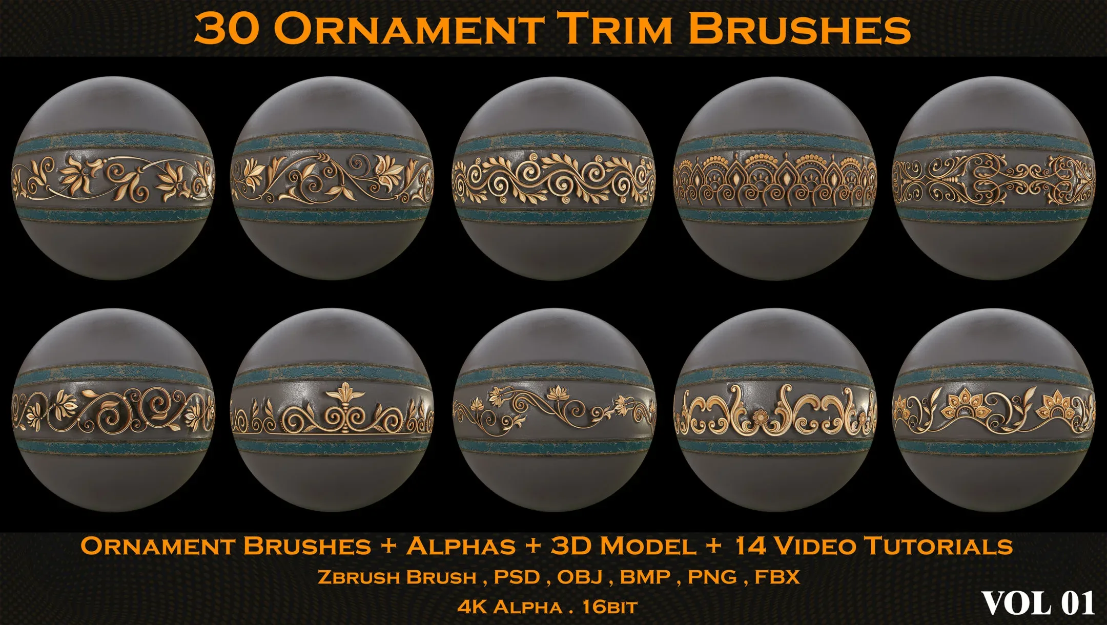 30 Ornament Trim Brushes + Alphas + 3D Model + 14 Video Tutorials (VOL 01)