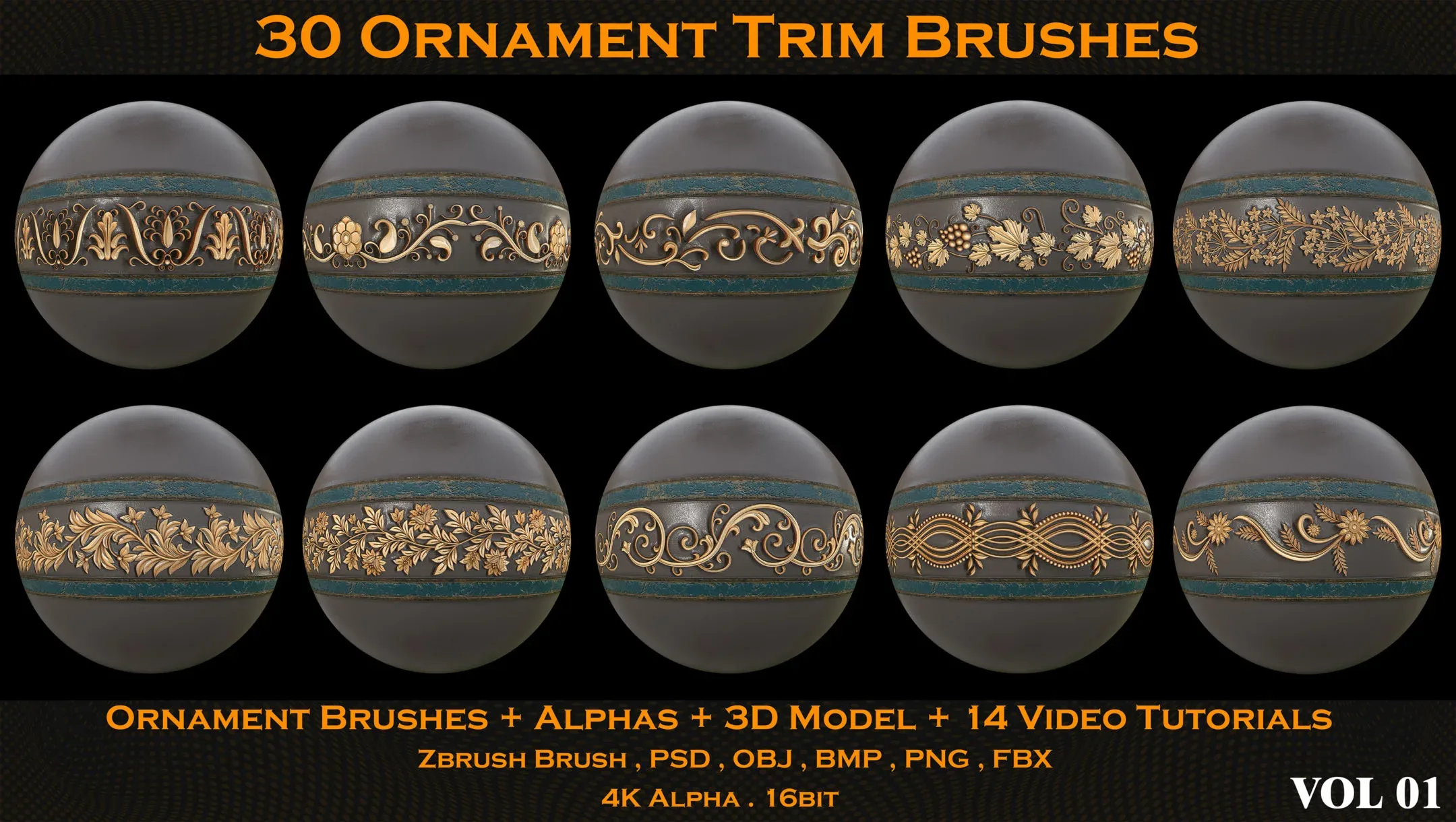 30 Ornament Trim Brushes + Alphas + 3D Model + 14 Video Tutorials (VOL 01)