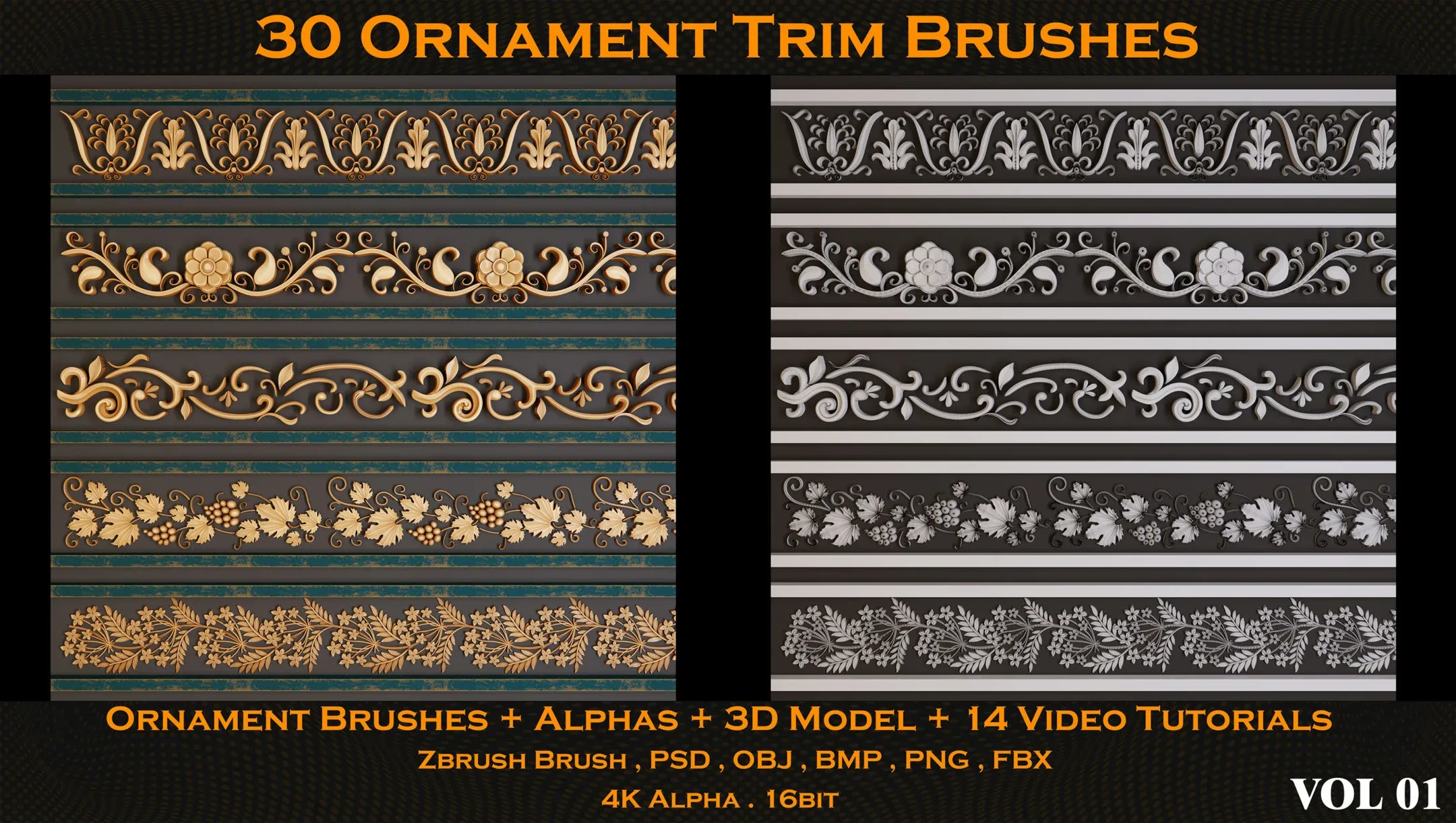 30 Ornament Trim Brushes + Alphas + 3D Model + 14 Video Tutorials (VOL 01)