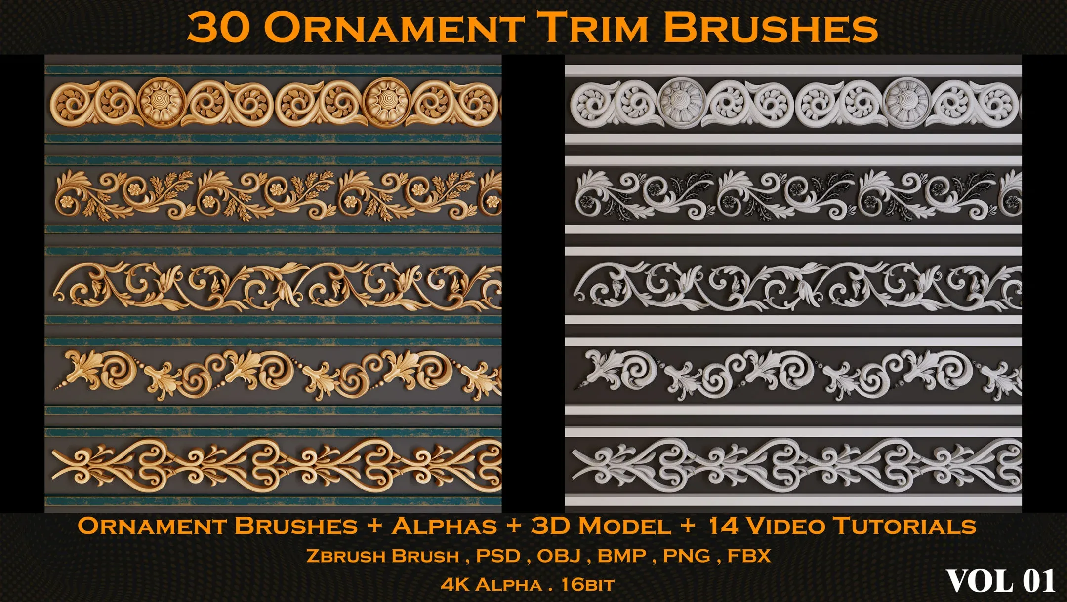 30 Ornament Trim Brushes + Alphas + 3D Model + 14 Video Tutorials (VOL 01)