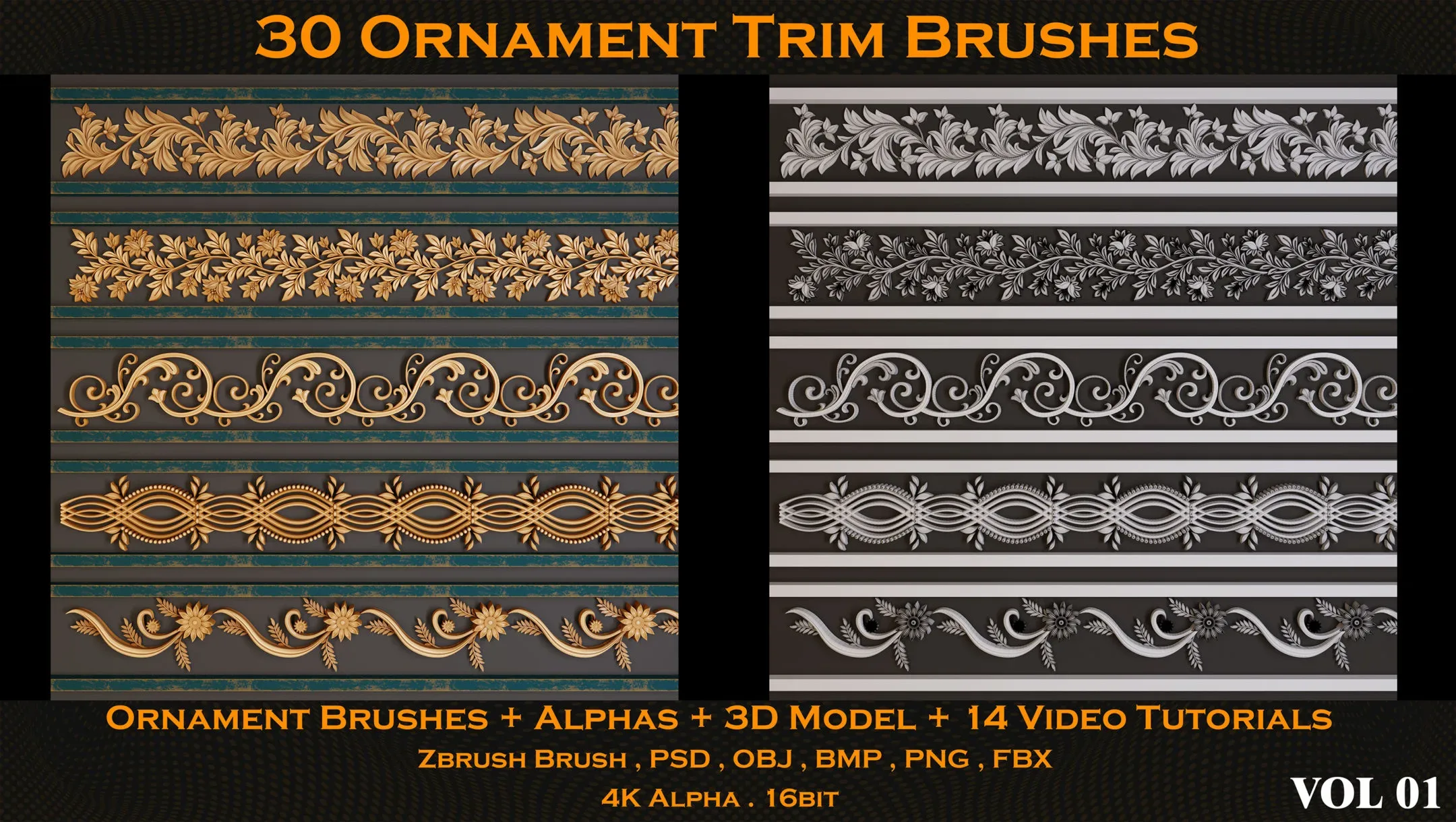 30 Ornament Trim Brushes + Alphas + 3D Model + 14 Video Tutorials (VOL 01)