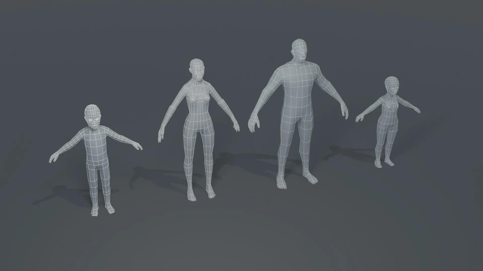 Human Body Base Mesh 3D Model Family Pack 1000 Polygons