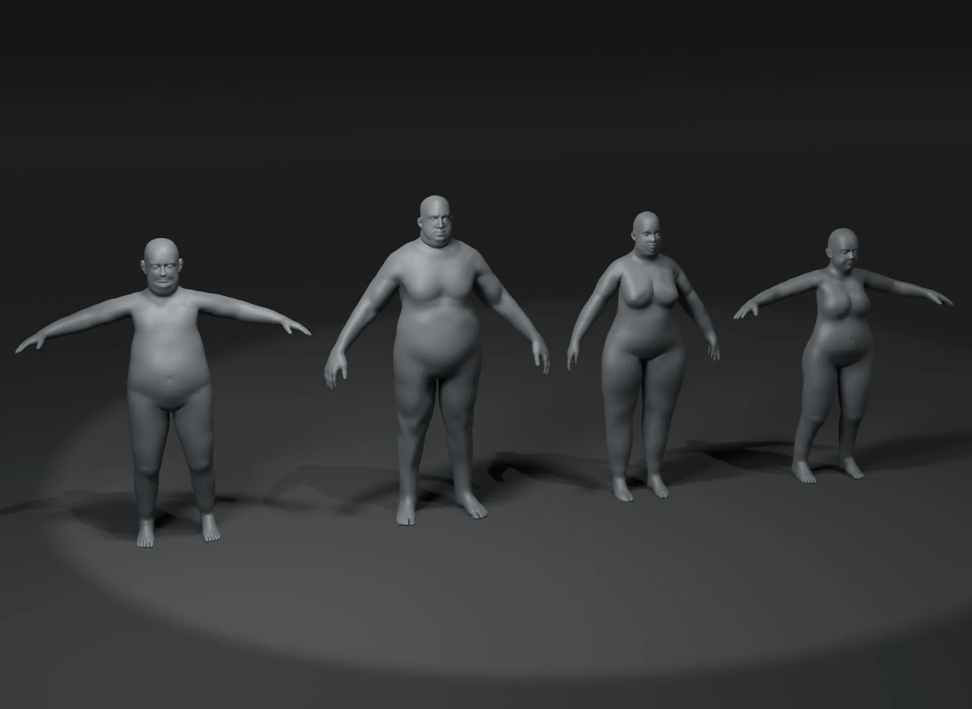 Fat Human Body Base Mesh 3D Model Family Pack 20k Polygons