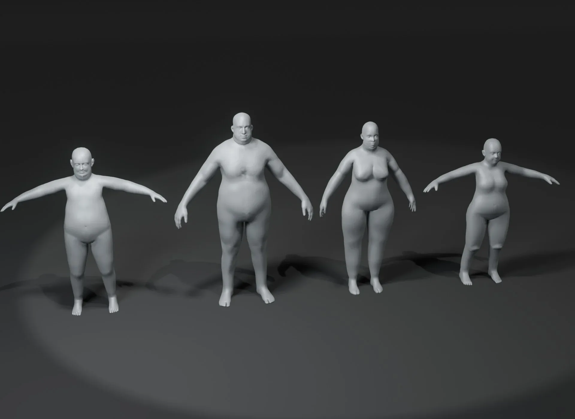 Fat Human Body Base Mesh 3D Model Family Pack 10k Polygons