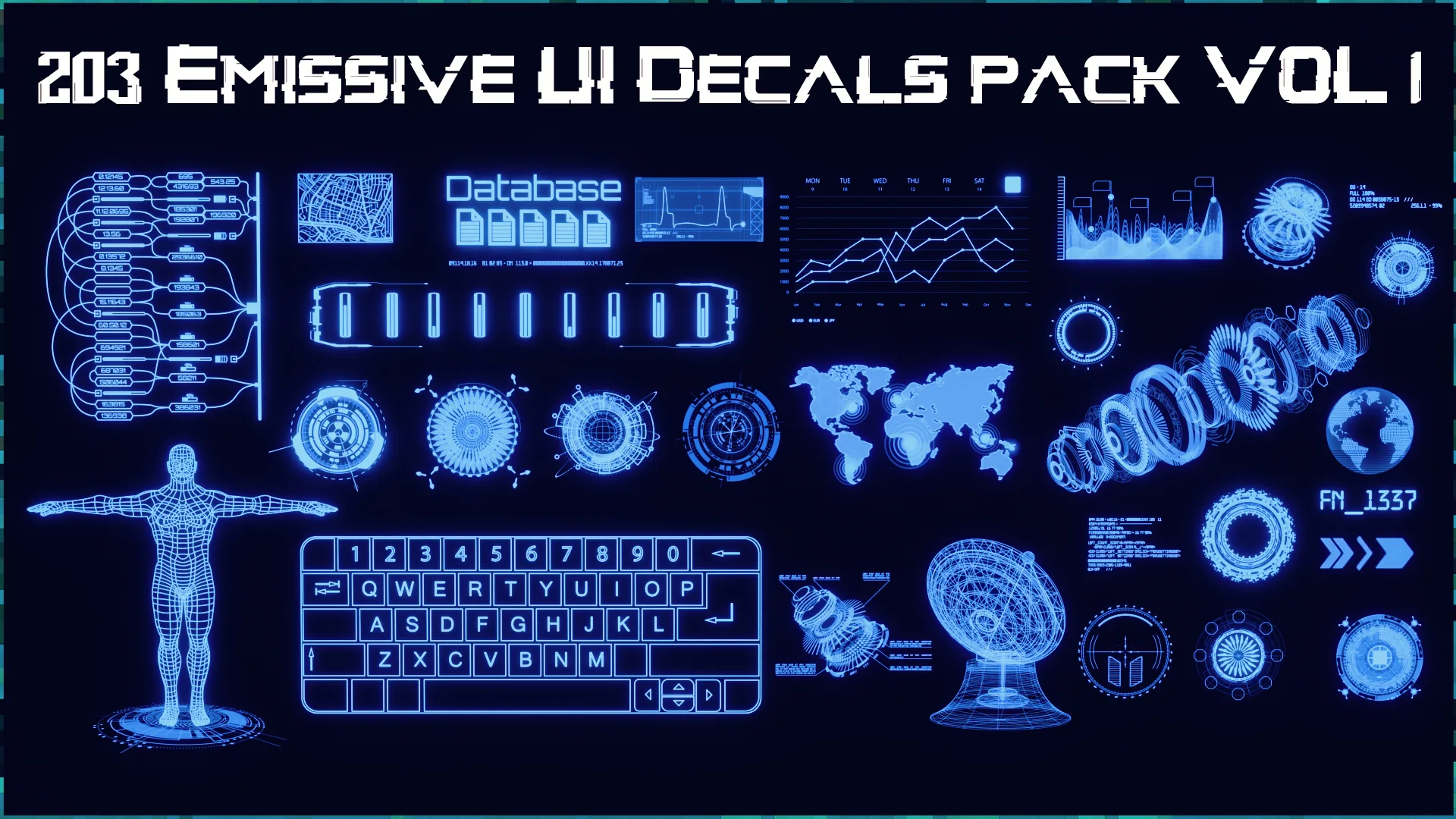 203 Emissive UI Decals pack VOL 1 | Blender, Substance 3D Painter, Decal Machine ready, Kit ops KPACK | Sci-Fi, Charts, Crypto, Arrows, Circles, Display, Info