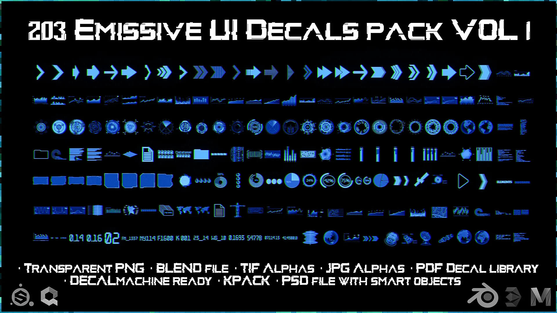 203 Emissive UI Decals pack VOL 1 | Blender, Substance 3D Painter, Decal Machine ready, Kit ops KPACK | Sci-Fi, Charts, Crypto, Arrows, Circles, Display, Info