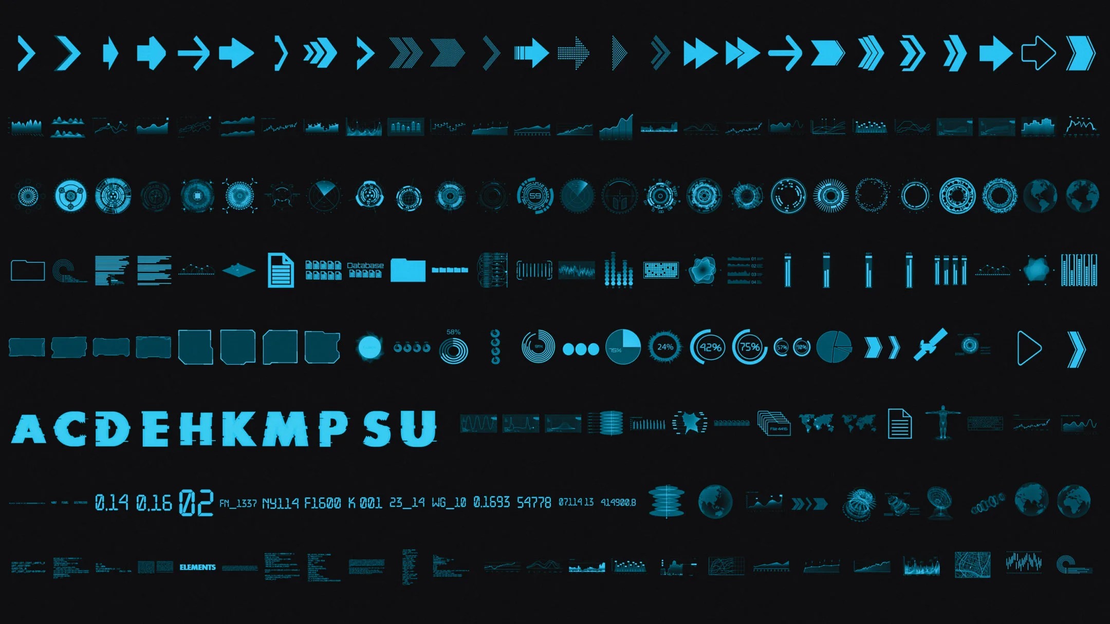 203 Emissive UI Decals pack VOL 1 | Blender, Substance 3D Painter, Decal Machine ready, Kit ops KPACK | Sci-Fi, Charts, Crypto, Arrows, Circles, Display, Info