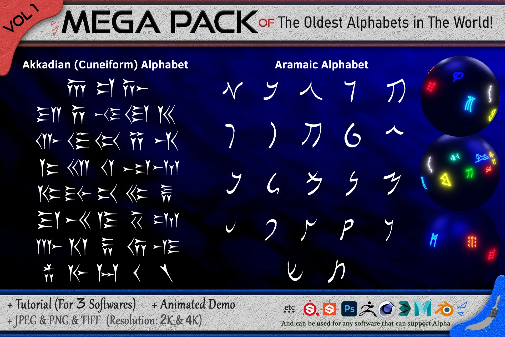 440 Alpha Brushes of The Oldest Alphabets in the World (Mega Pack) + 3 video Tutorial - VOL 1