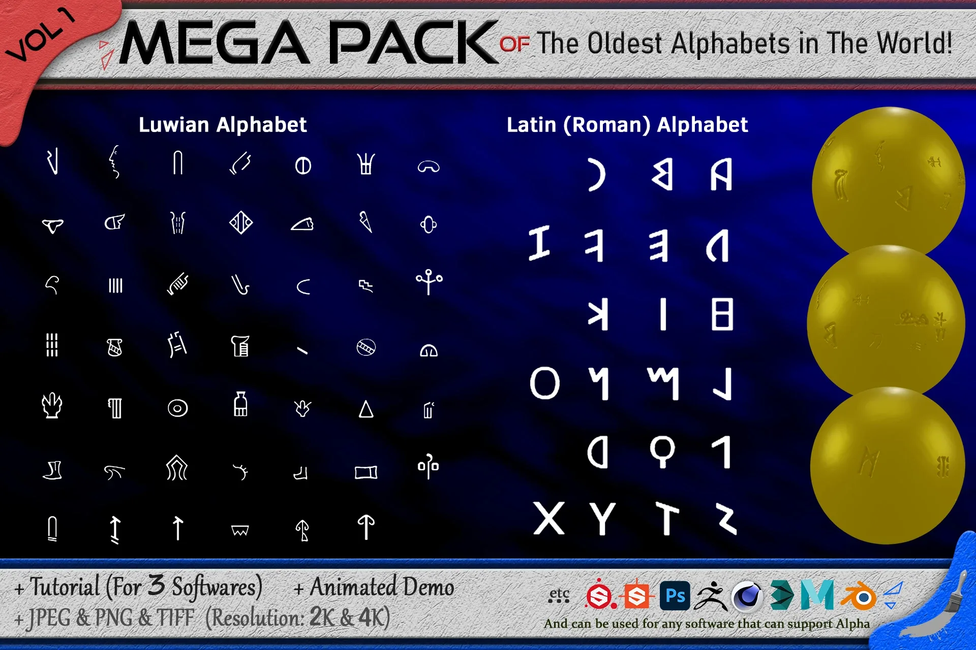 440 Alpha Brushes of The Oldest Alphabets in the World (Mega Pack) + 3 video Tutorial - VOL 1