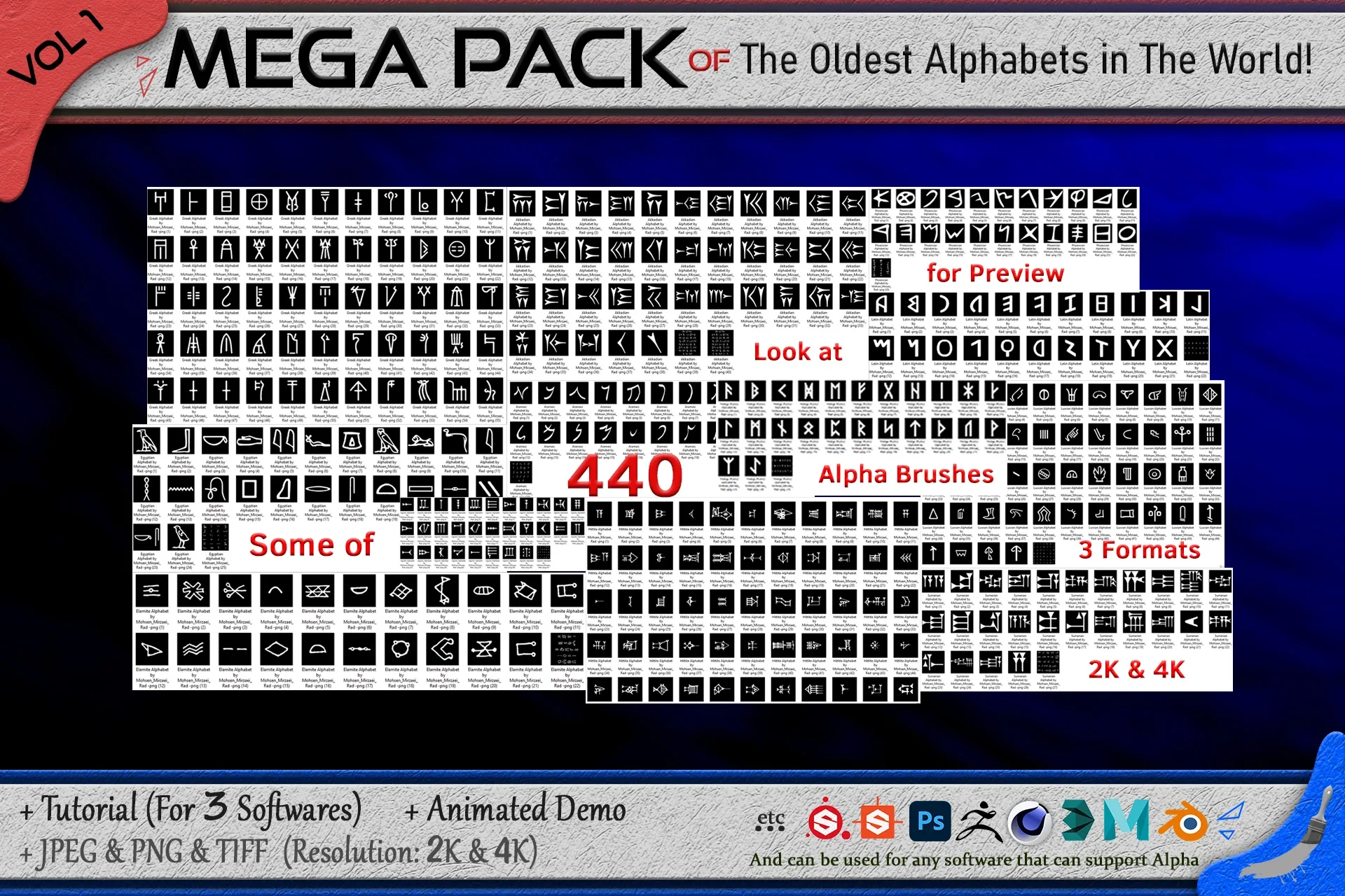 440 Alpha Brushes of The Oldest Alphabets in the World (Mega Pack) + 3 video Tutorial - VOL 1