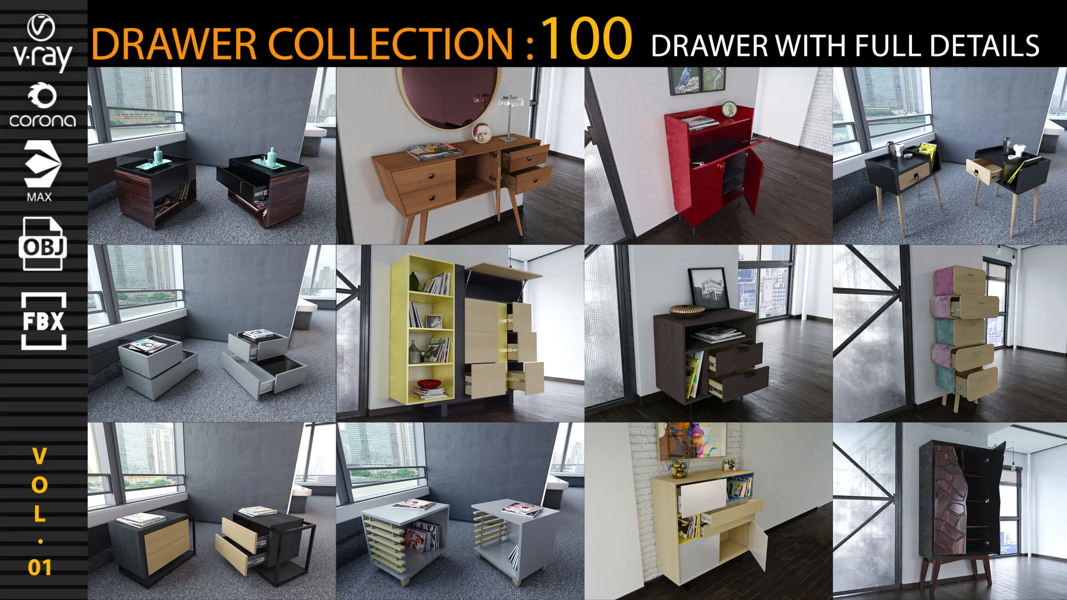 DRAWER COLLECTION: 100 Drawer With Full Detail + PBR Texturing