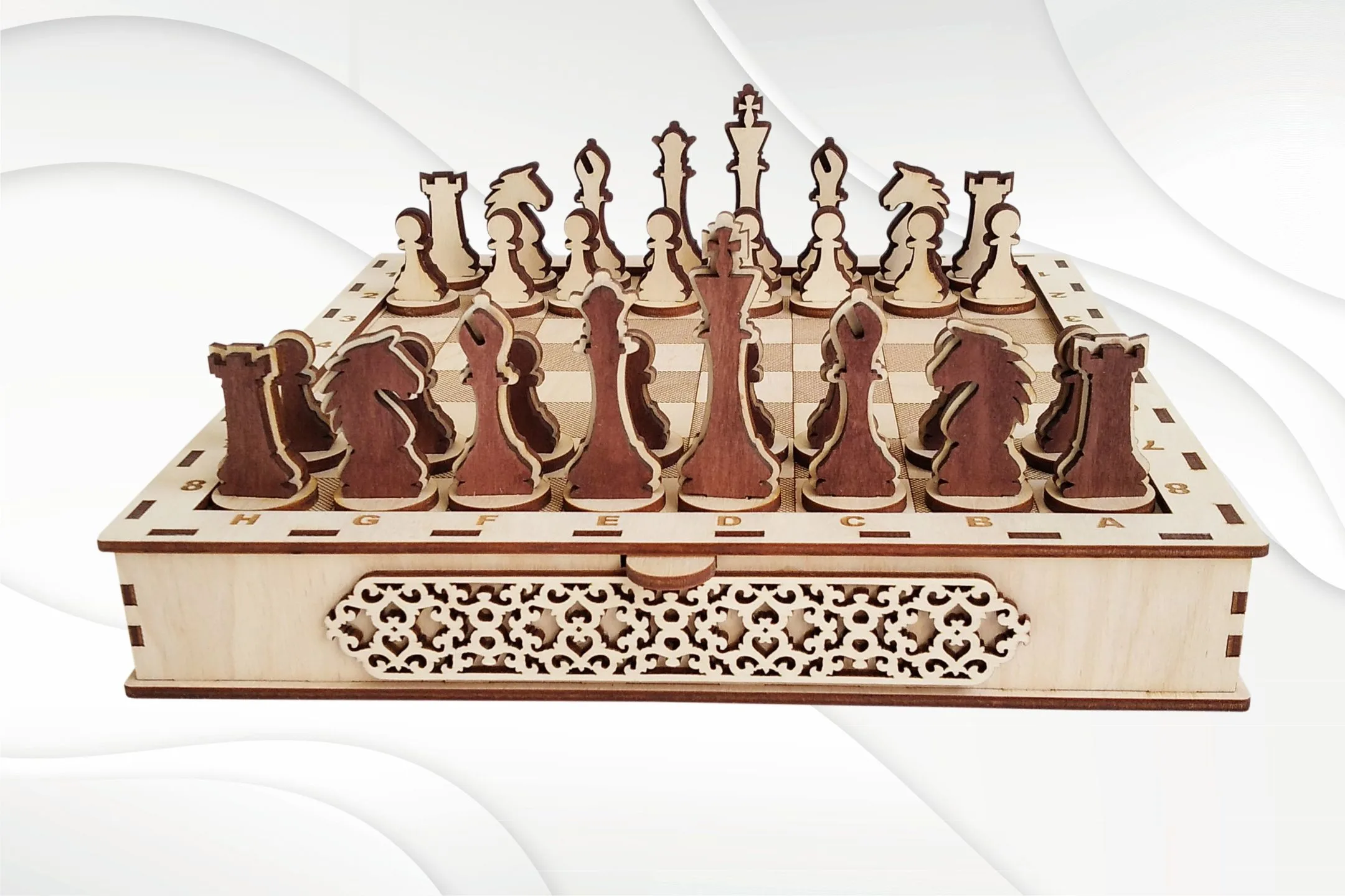 Chess set with board laser cutting template. Svg dxf files for laser cut, vector laser, laser pattern. Digital model, engraving laser files