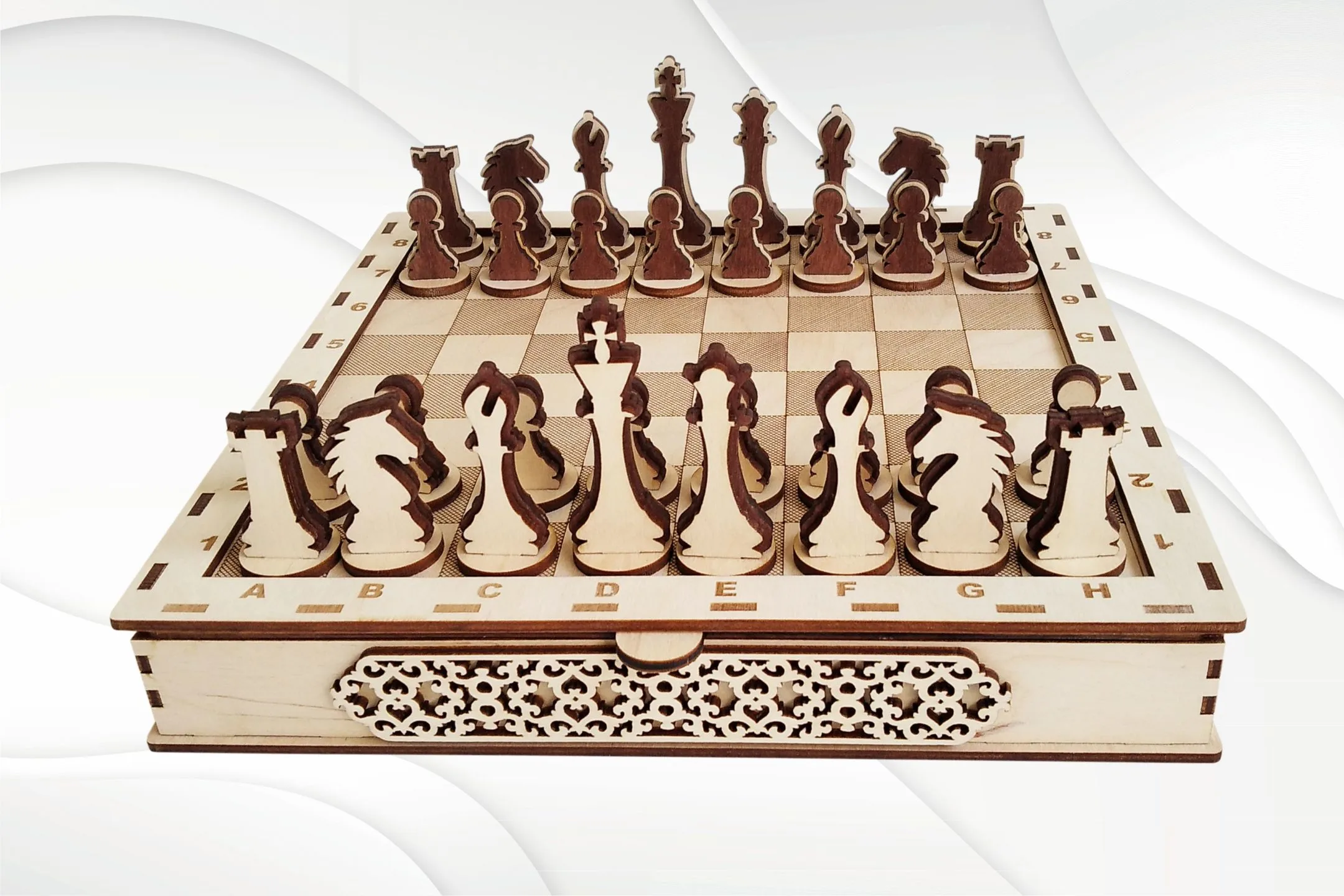 Chess set with board laser cutting template. Svg dxf files for laser cut, vector laser, laser pattern. Digital model, engraving laser files