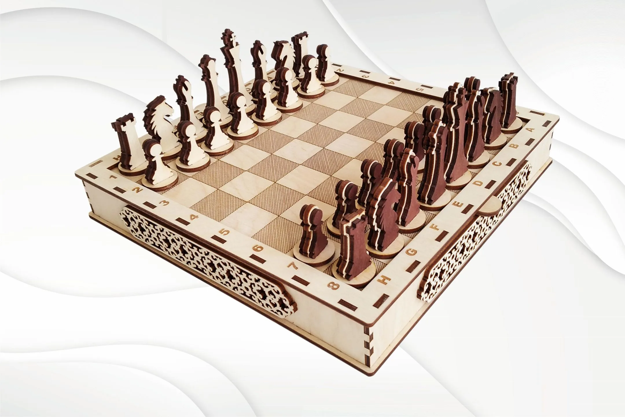 Chess set with board laser cutting template. Svg dxf files for laser cut, vector laser, laser pattern. Digital model, engraving laser files