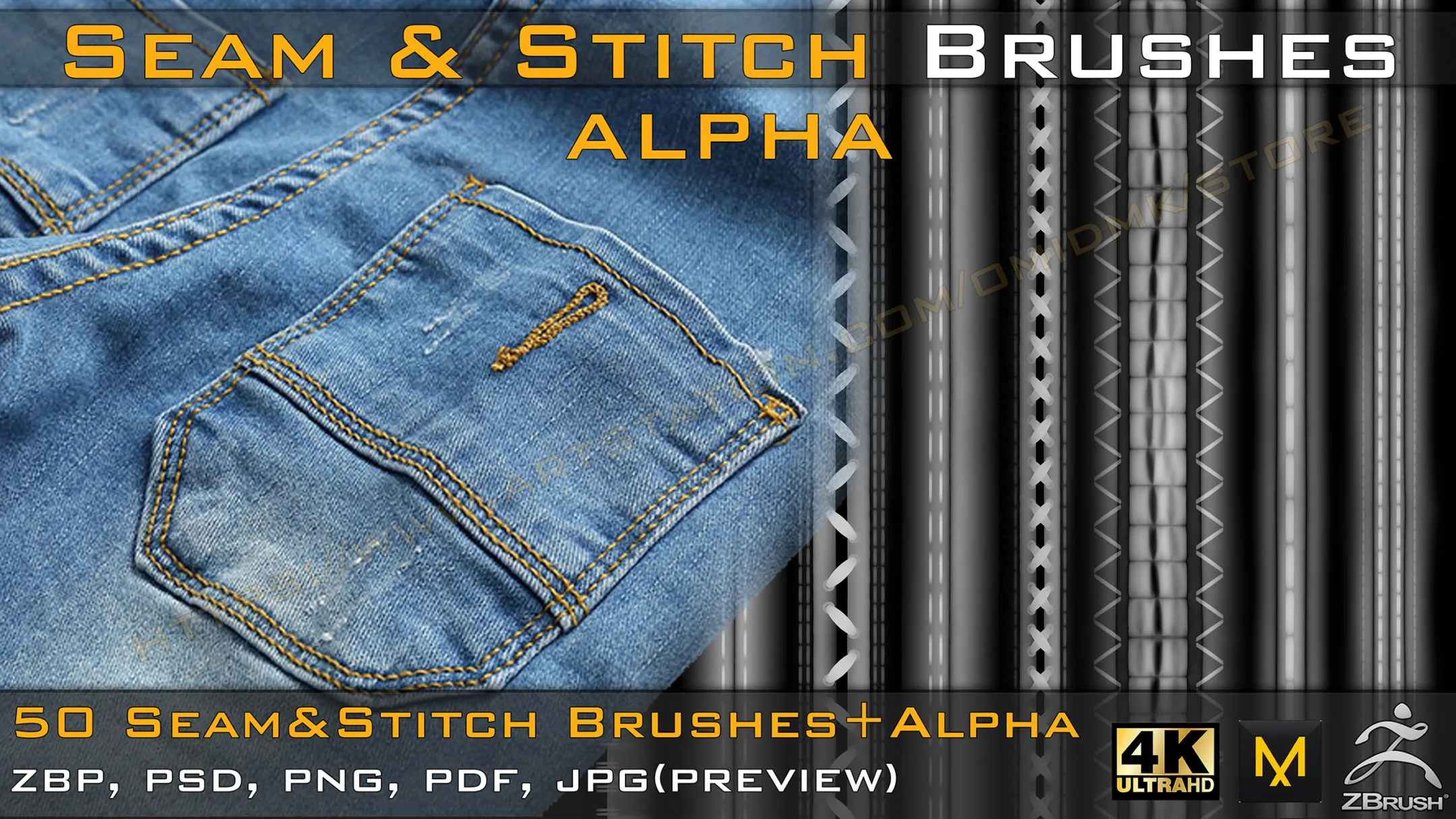 50 Seam & Stitch Brushes & Alpha (Tileable 4k-16bit) Vol.01