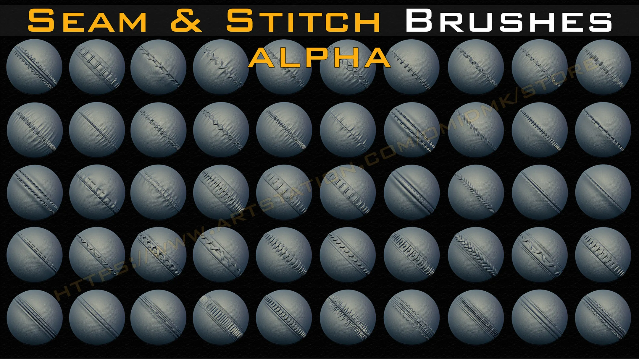 50 Seam & Stitch Brushes & Alpha (Tileable 4k-16bit) Vol.01