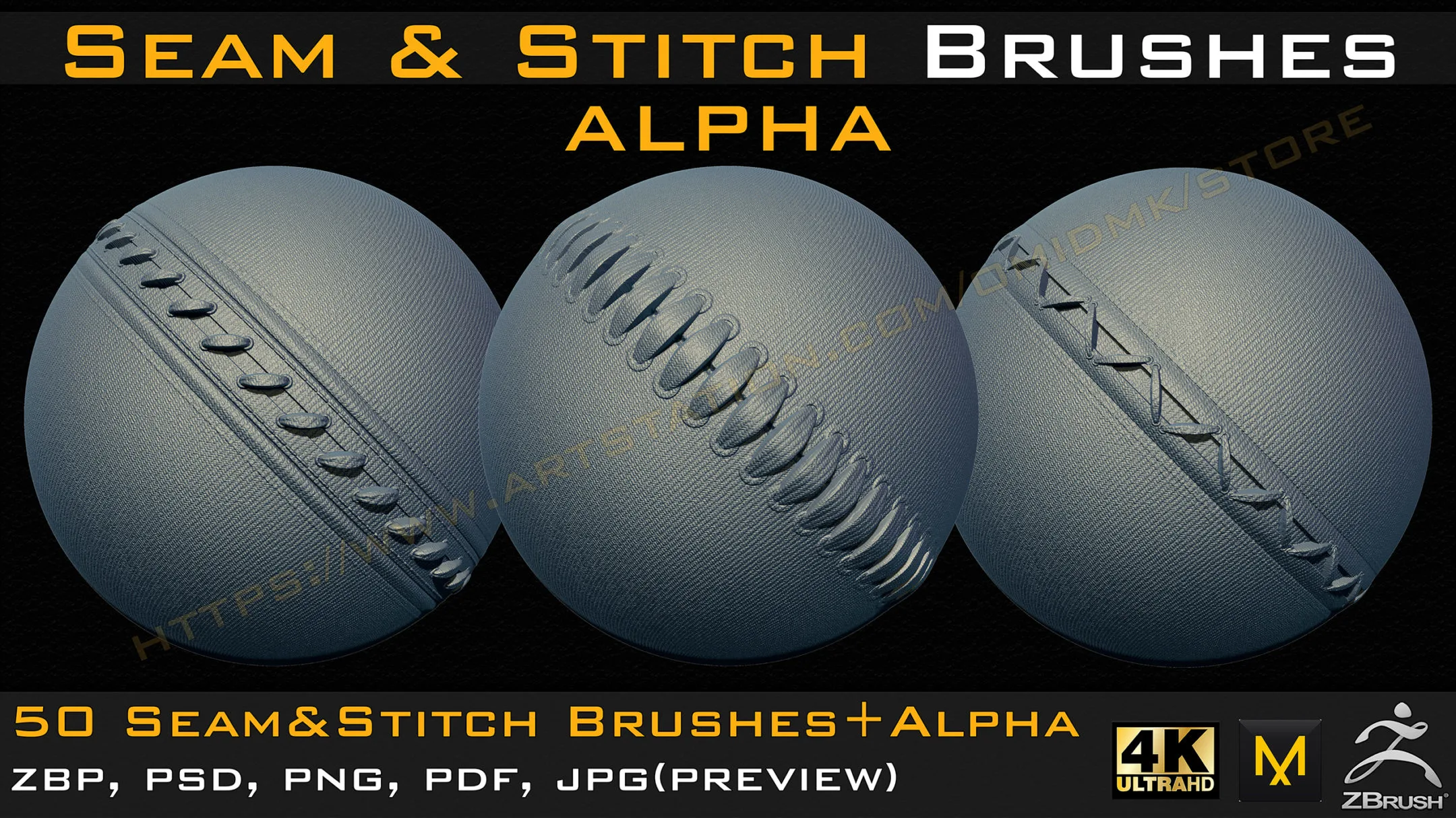 50 Seam & Stitch Brushes & Alpha (Tileable 4k-16bit) Vol.01