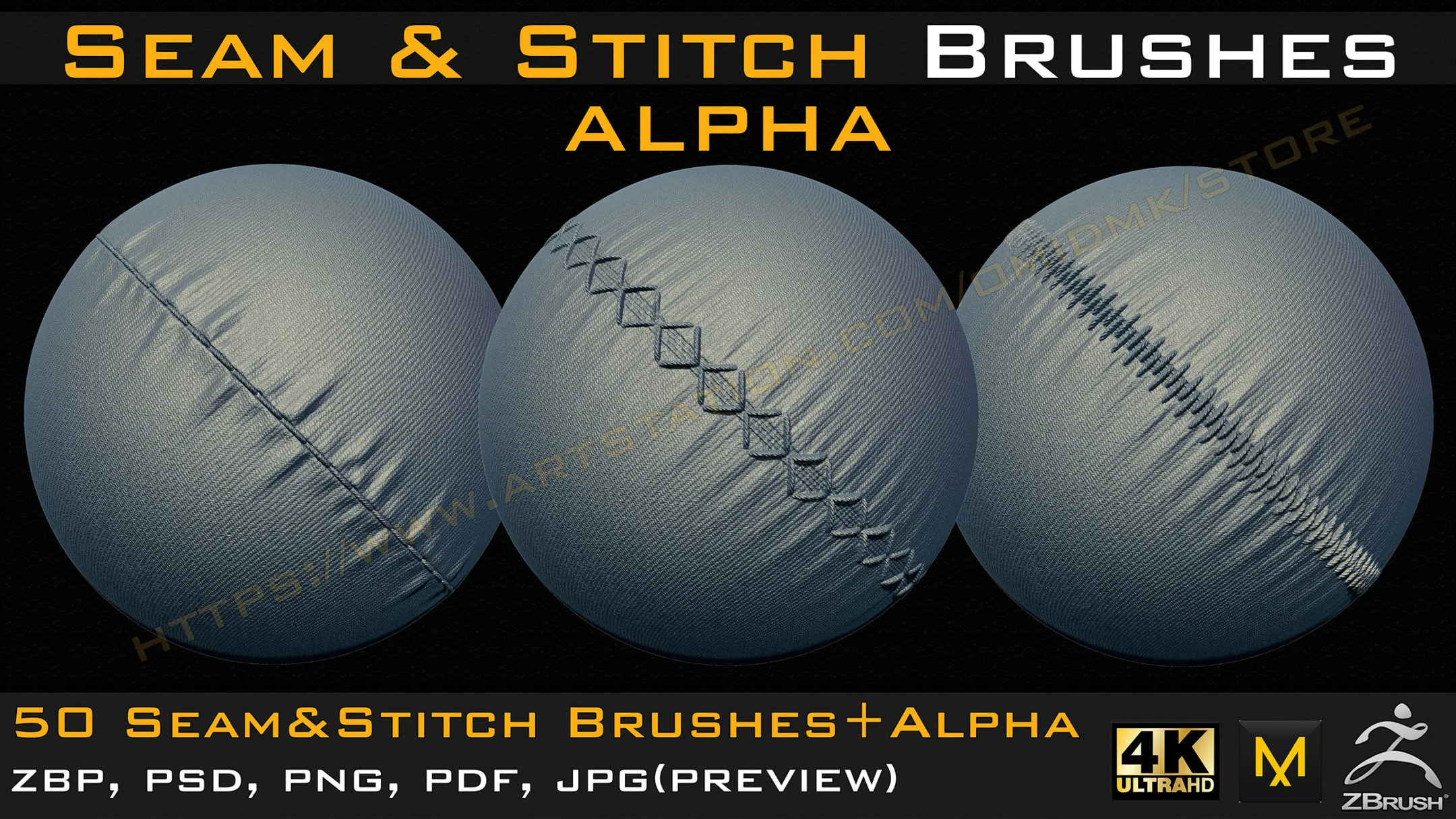 50 Seam & Stitch Brushes & Alpha (Tileable 4k-16bit) Vol.01