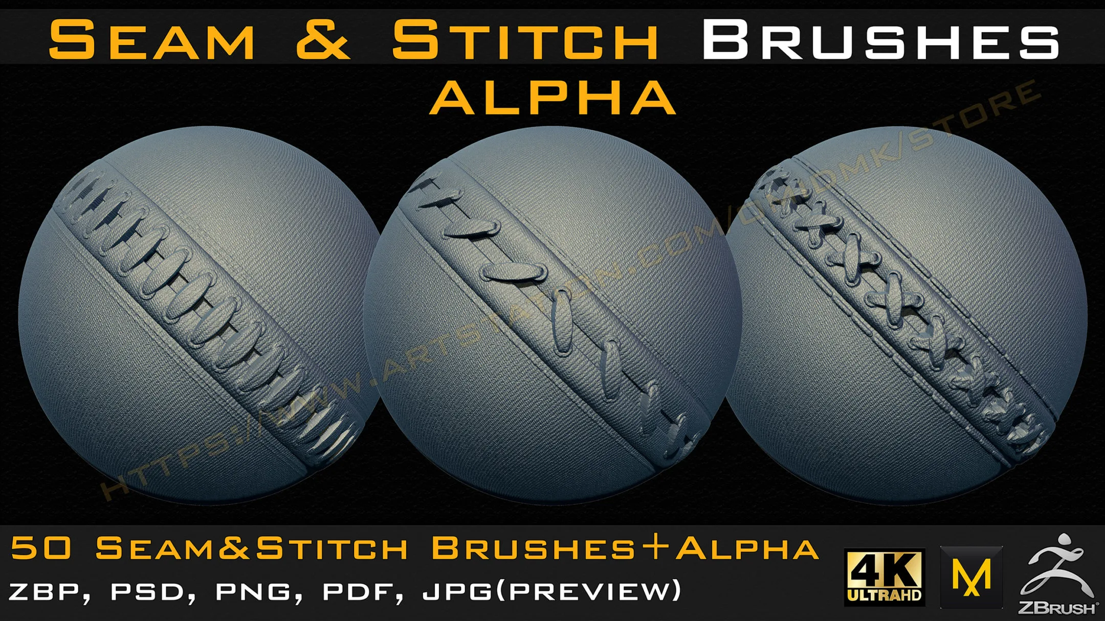 50 Seam & Stitch Brushes & Alpha (Tileable 4k-16bit) Vol.01