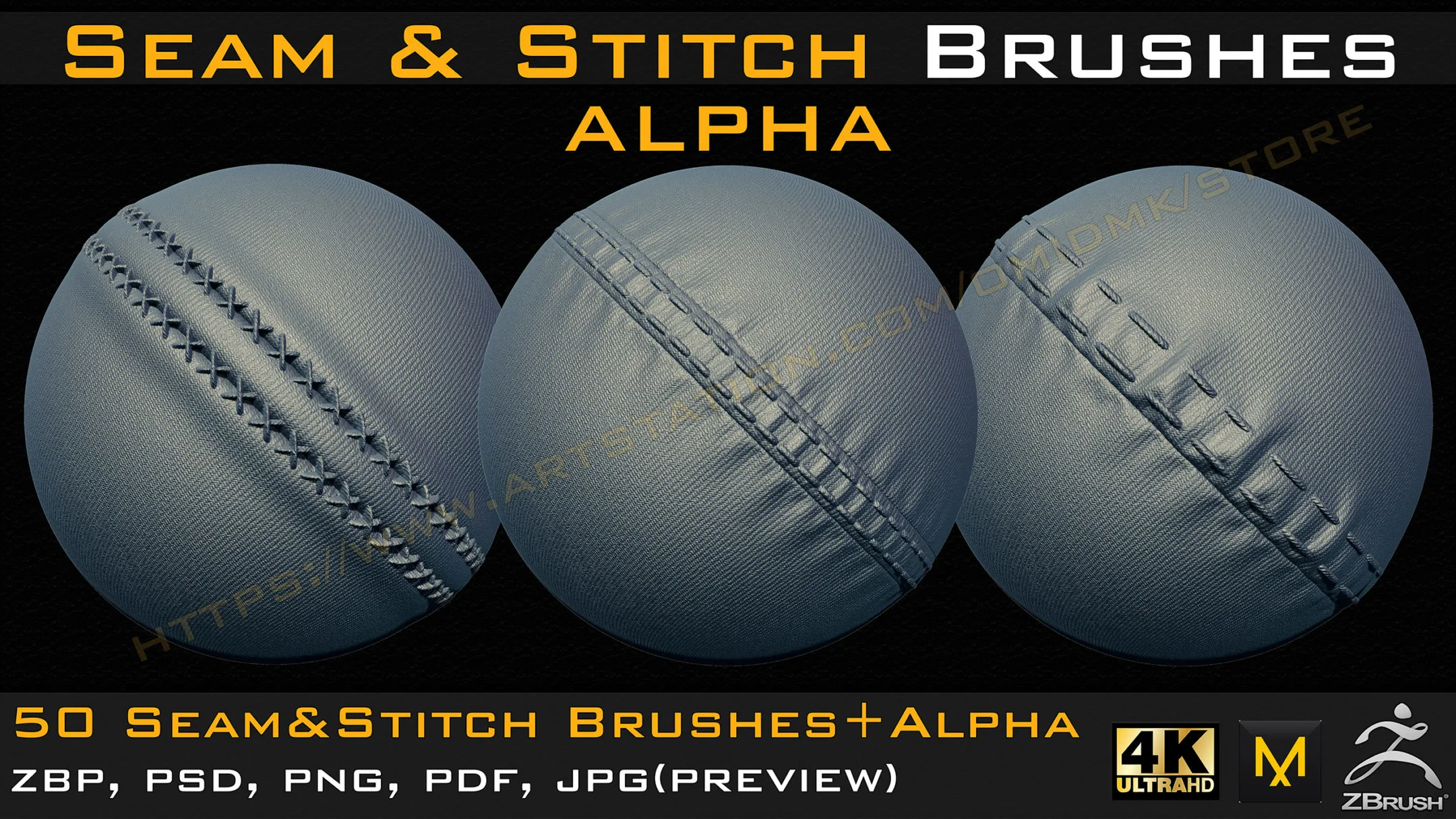 50 Seam & Stitch Brushes & Alpha (Tileable 4k-16bit) Vol.01