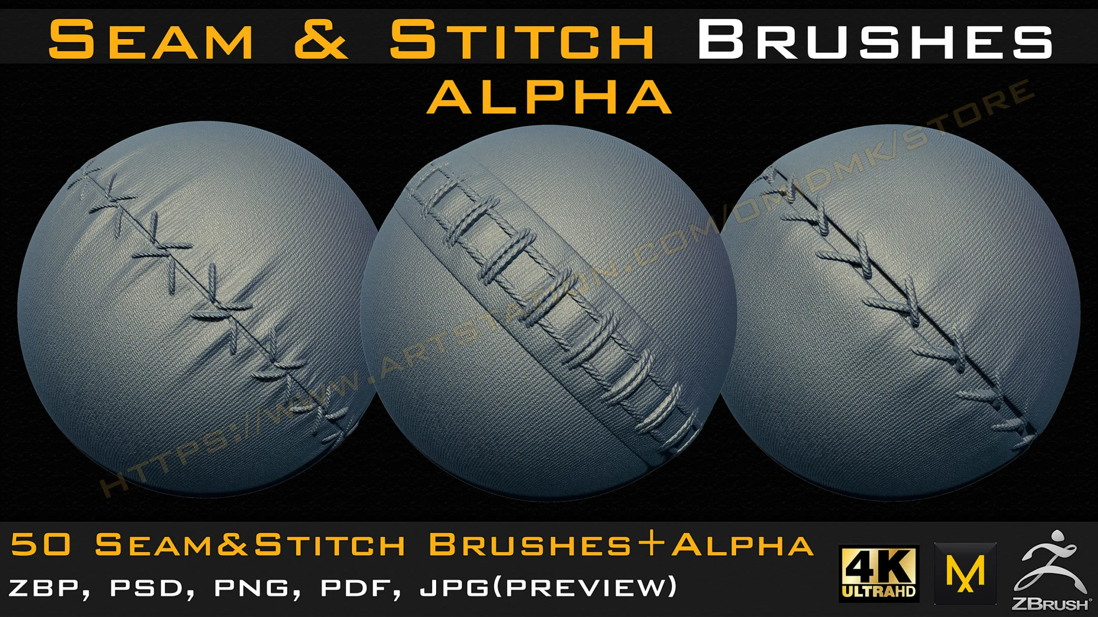 50 Seam & Stitch Brushes & Alpha (Tileable 4k-16bit) Vol.01