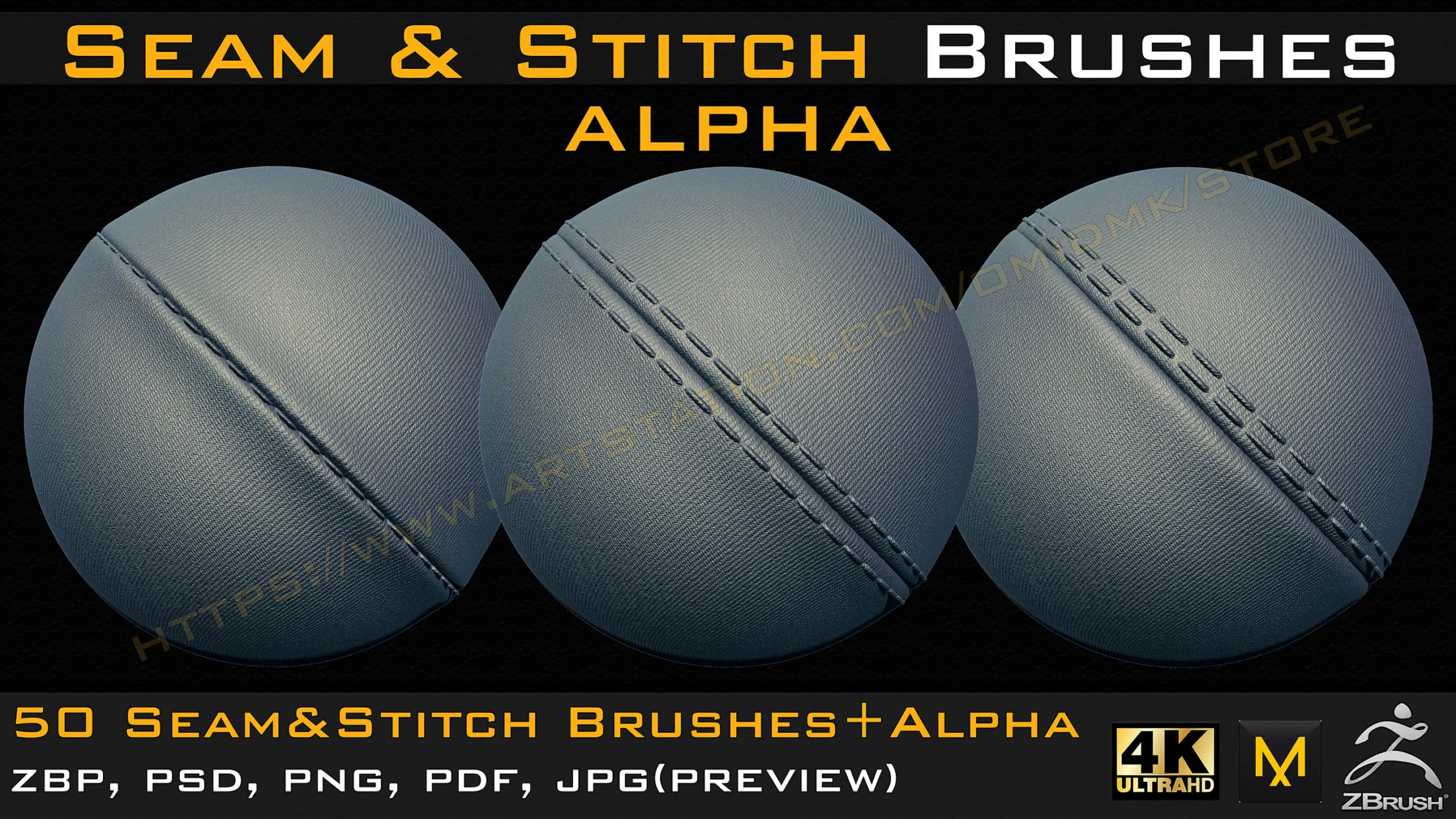 50 Seam & Stitch Brushes & Alpha (Tileable 4k-16bit) Vol.01