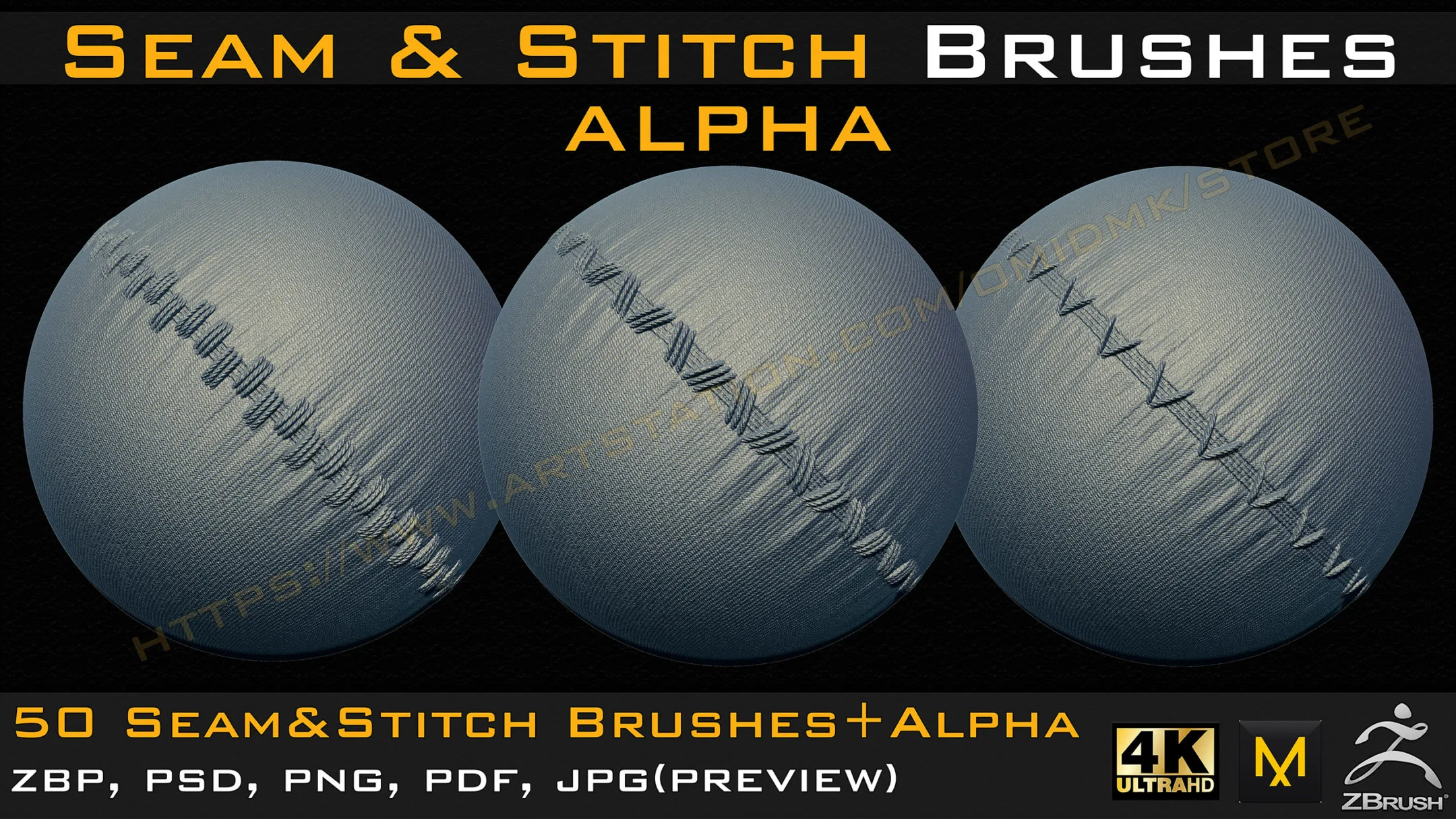 50 Seam & Stitch Brushes & Alpha (Tileable 4k-16bit) Vol.01