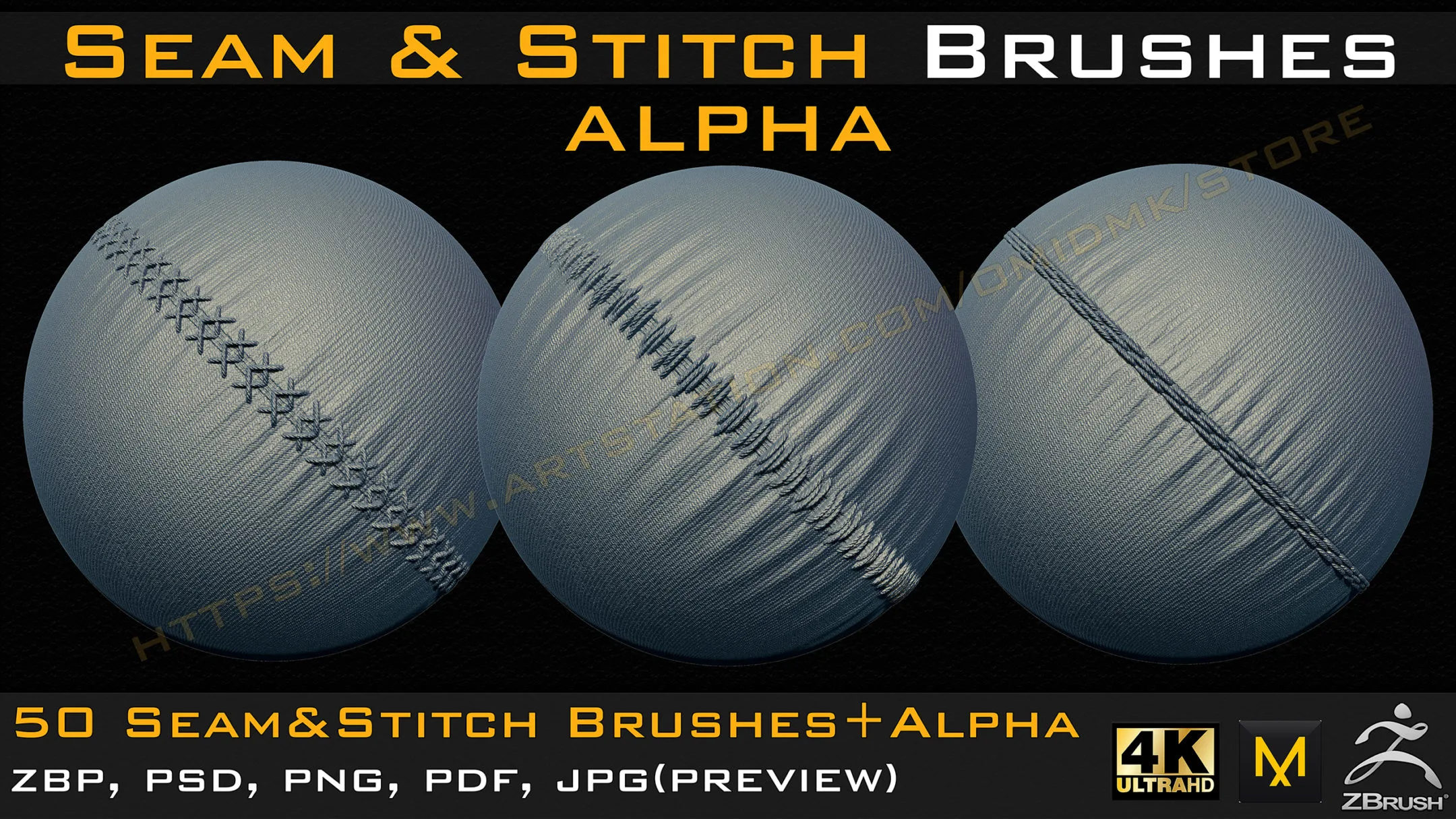 50 Seam & Stitch Brushes & Alpha (Tileable 4k-16bit) Vol.01