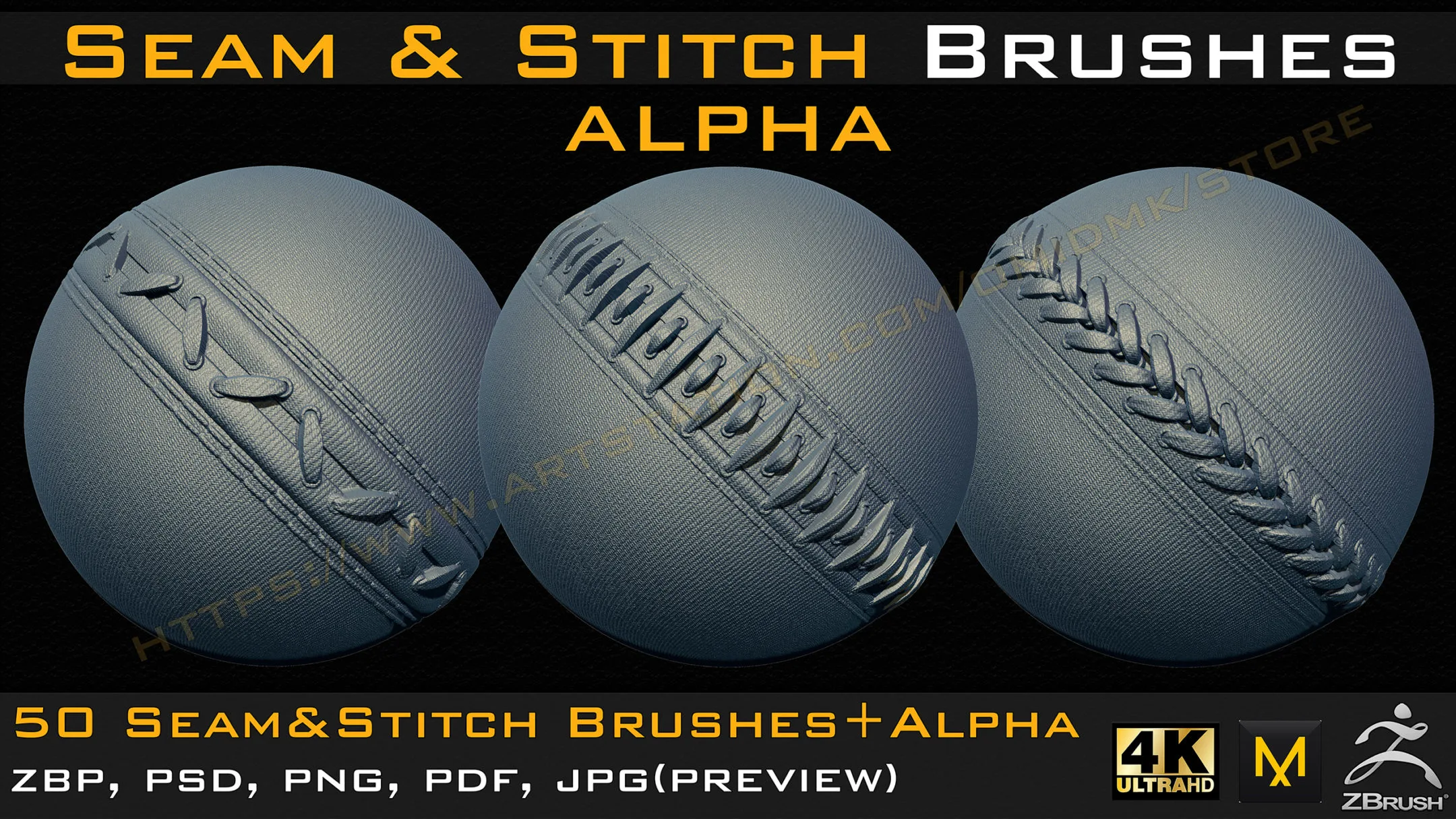 50 Seam & Stitch Brushes & Alpha (Tileable 4k-16bit) Vol.01