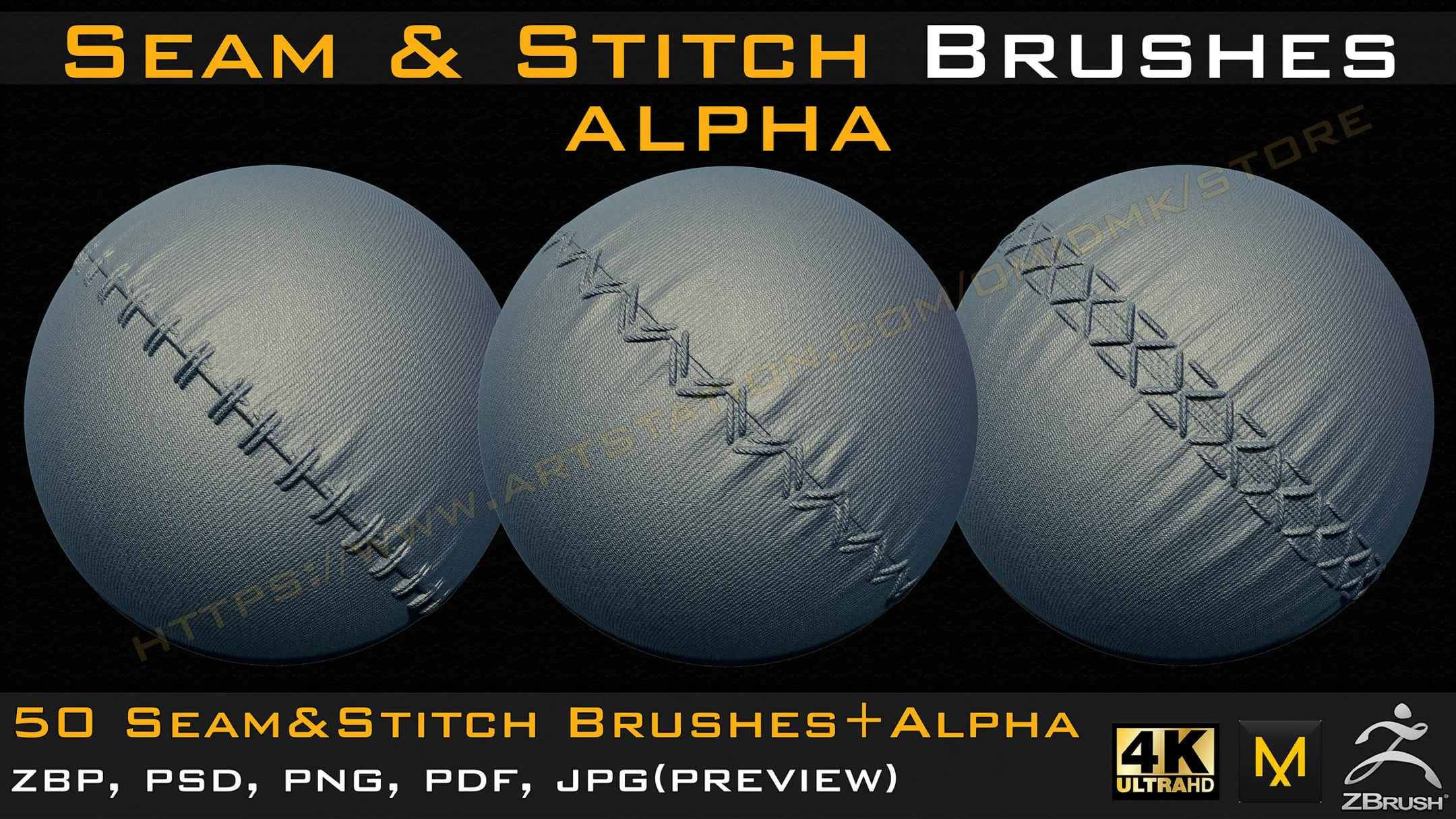 50 Seam & Stitch Brushes & Alpha (Tileable 4k-16bit) Vol.01