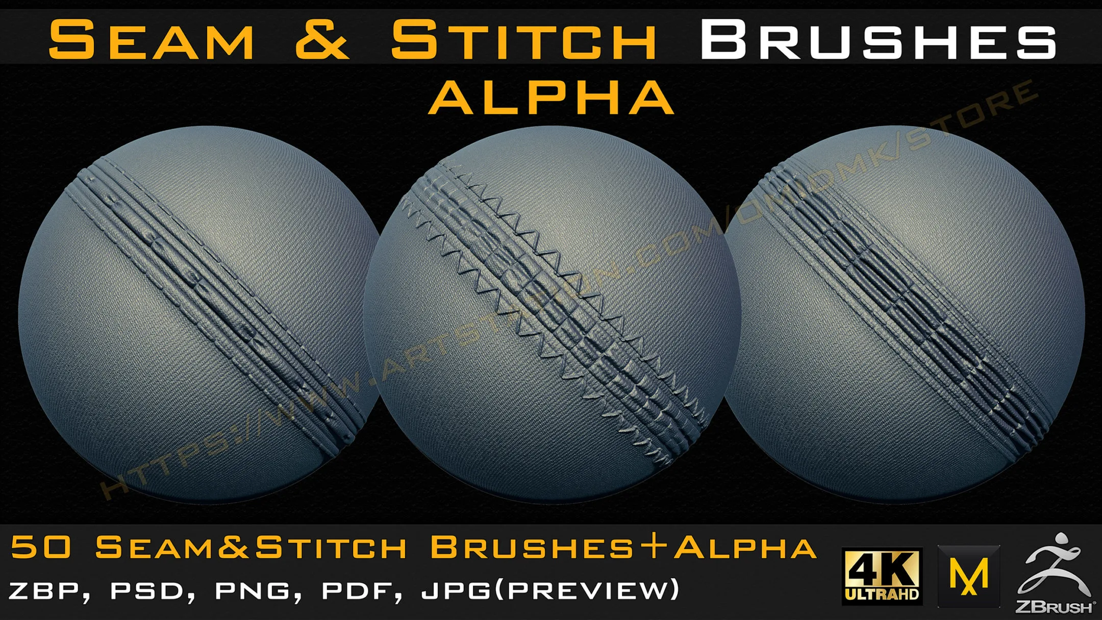 50 Seam & Stitch Brushes & Alpha (Tileable 4k-16bit) Vol.01