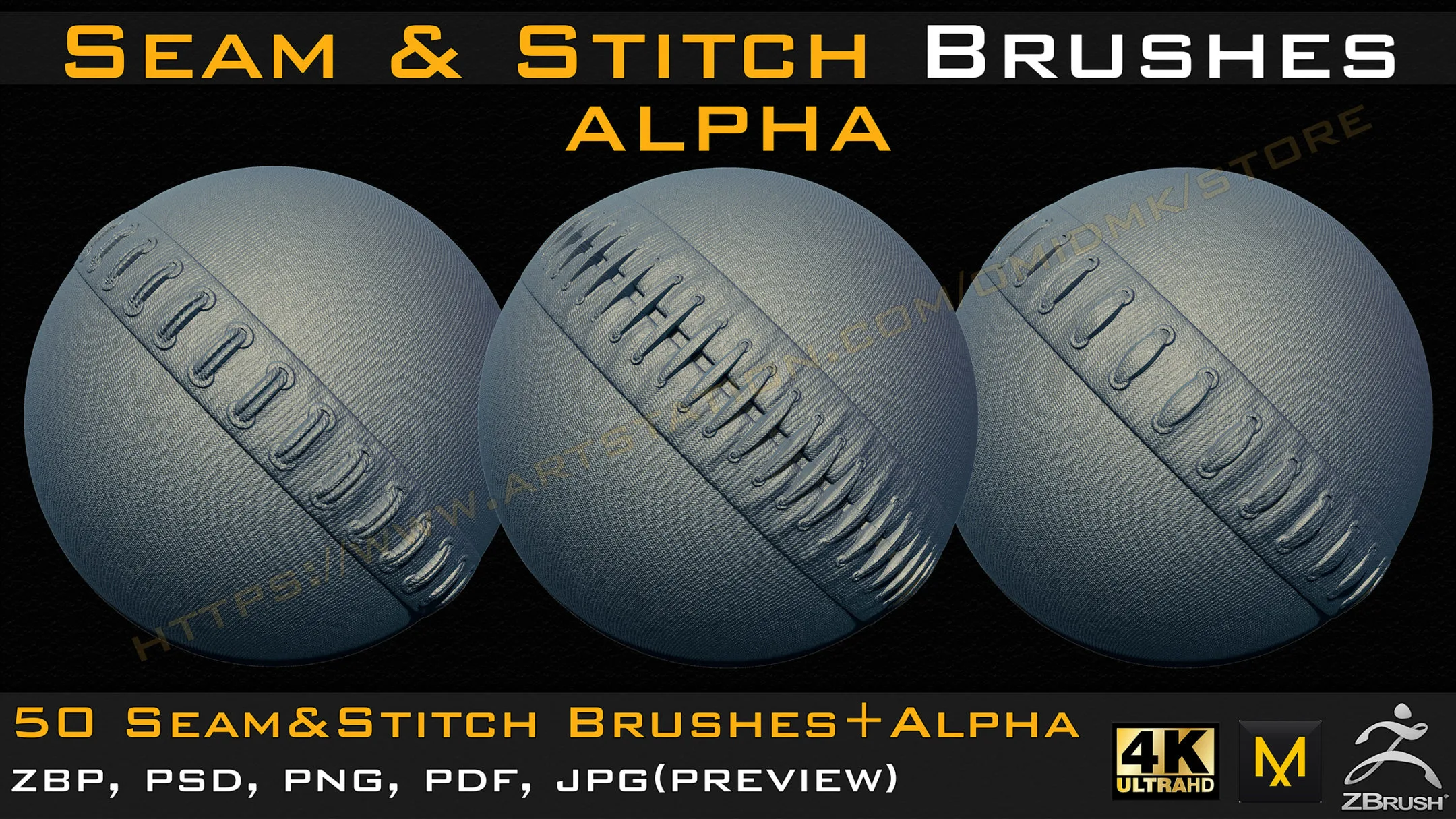 50 Seam & Stitch Brushes & Alpha (Tileable 4k-16bit) Vol.01