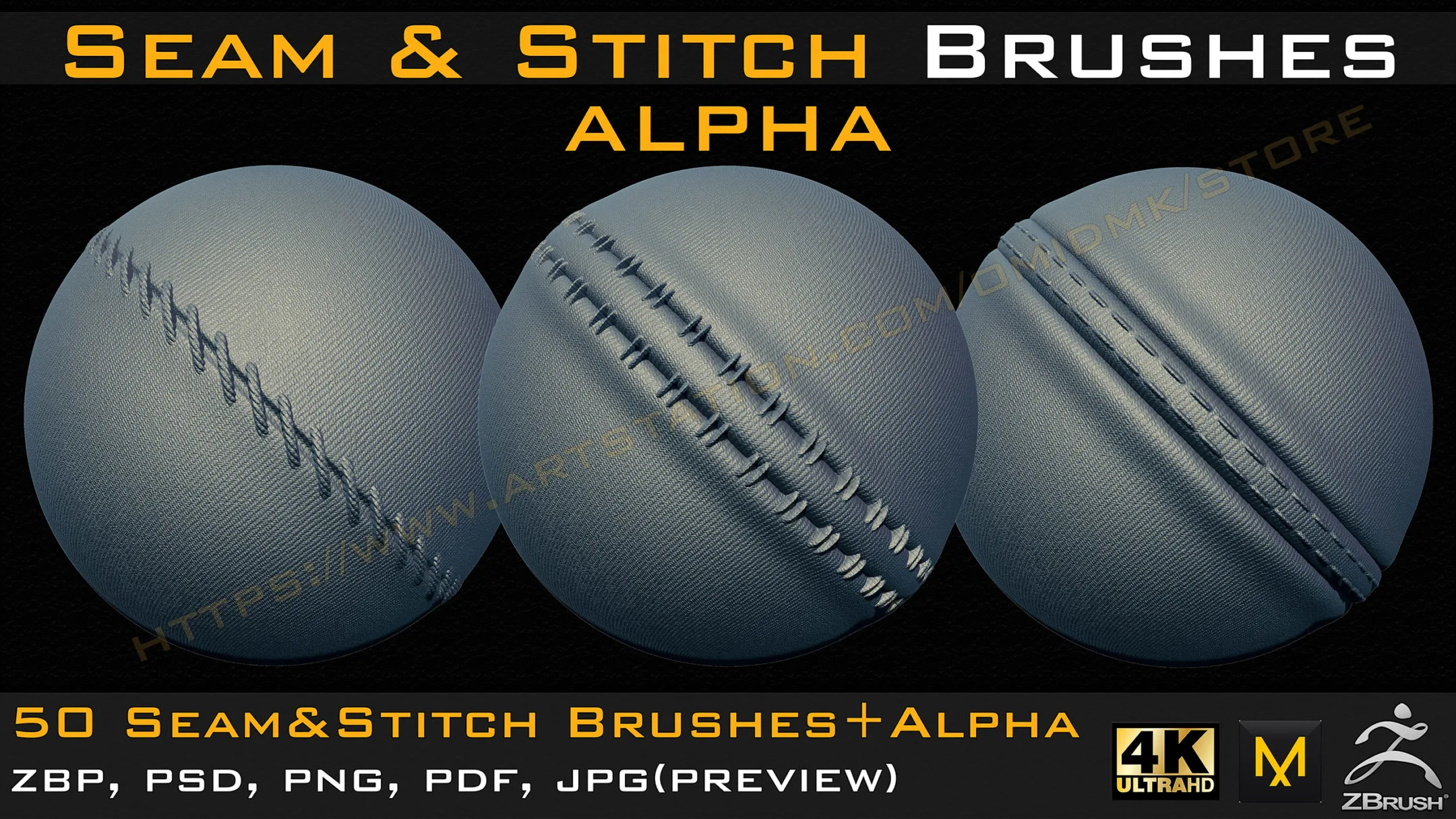 50 Seam & Stitch Brushes & Alpha (Tileable 4k-16bit) Vol.01