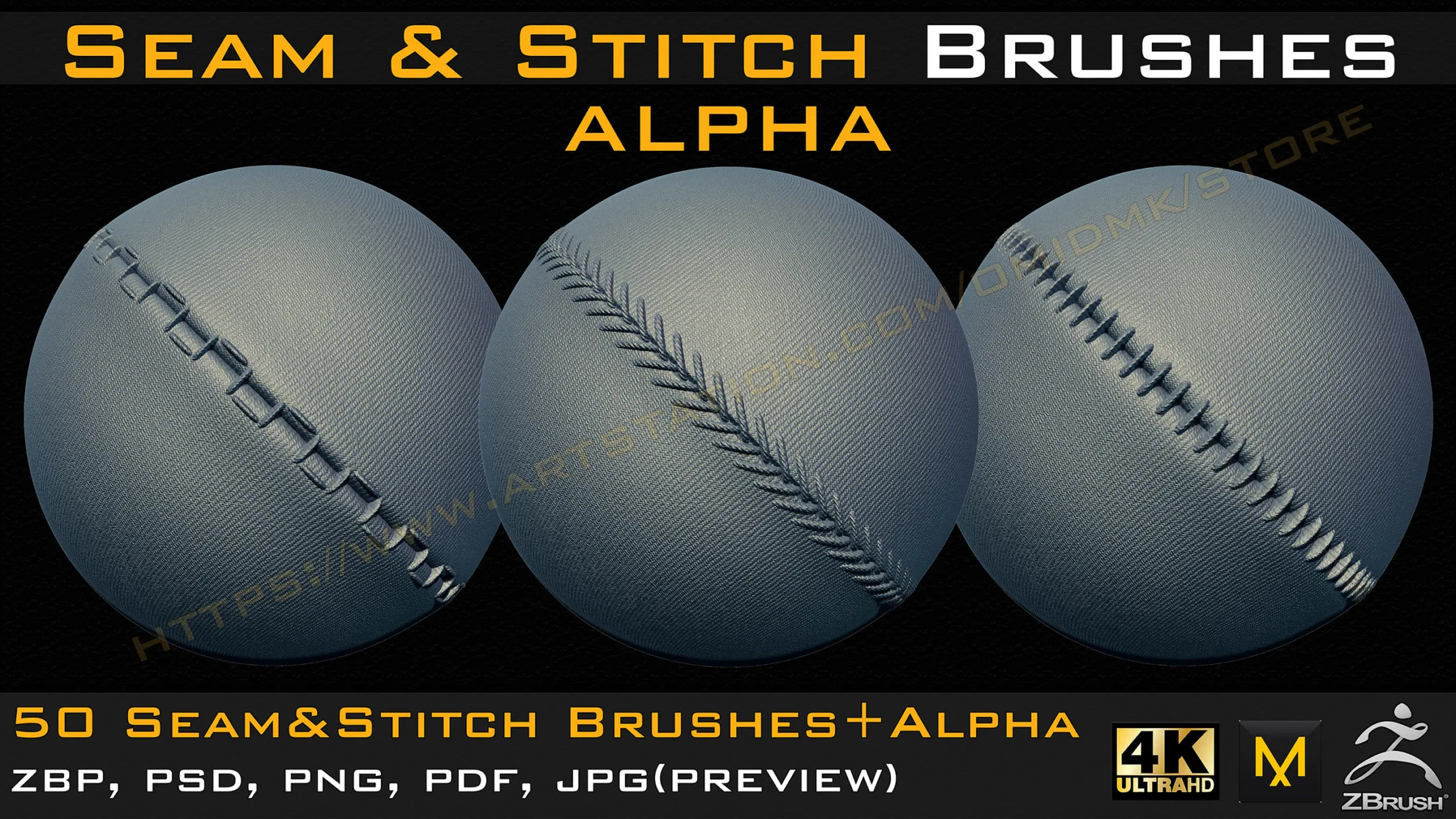 50 Seam & Stitch Brushes & Alpha (Tileable 4k-16bit) Vol.01