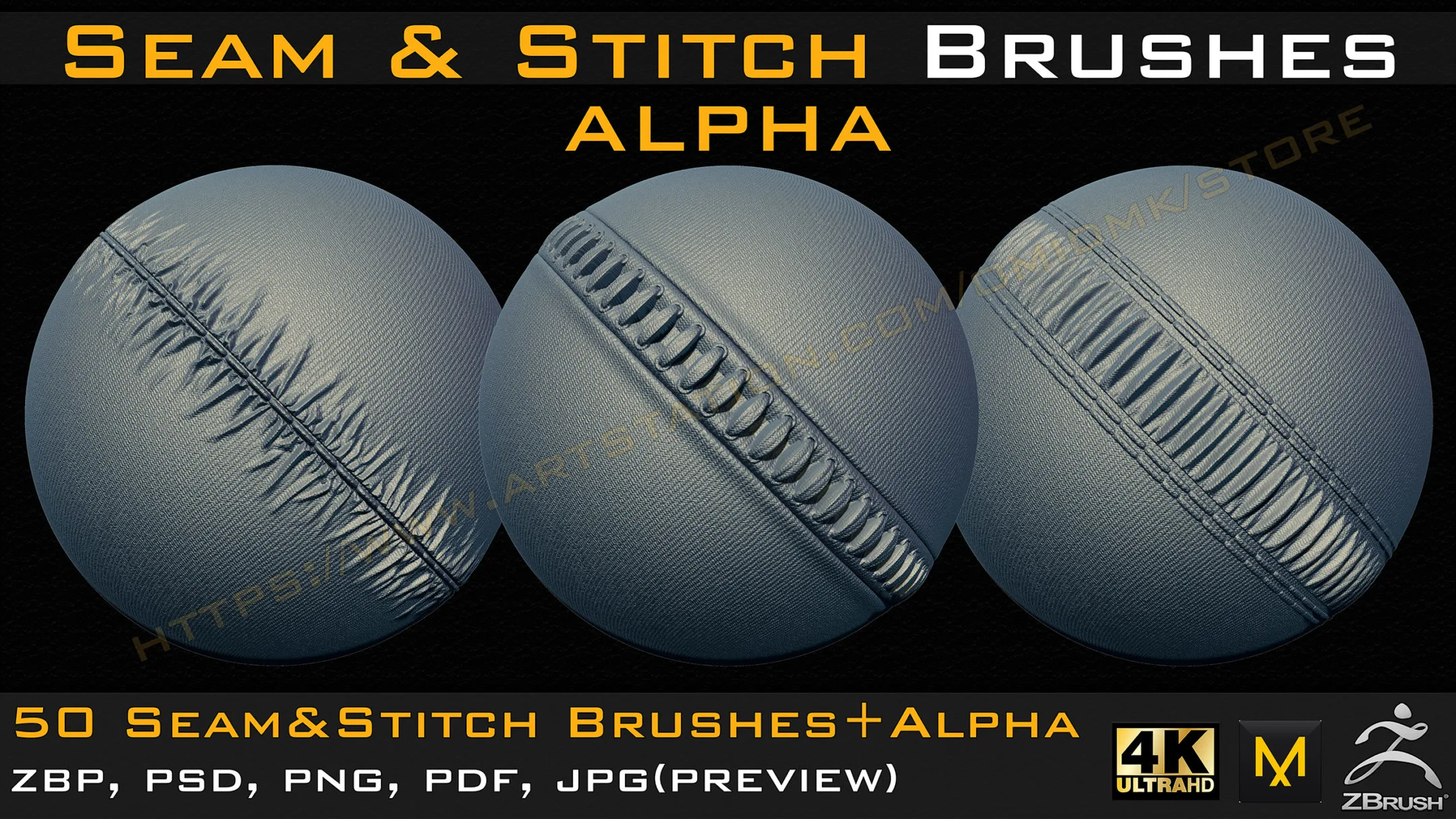 50 Seam & Stitch Brushes & Alpha (Tileable 4k-16bit) Vol.01